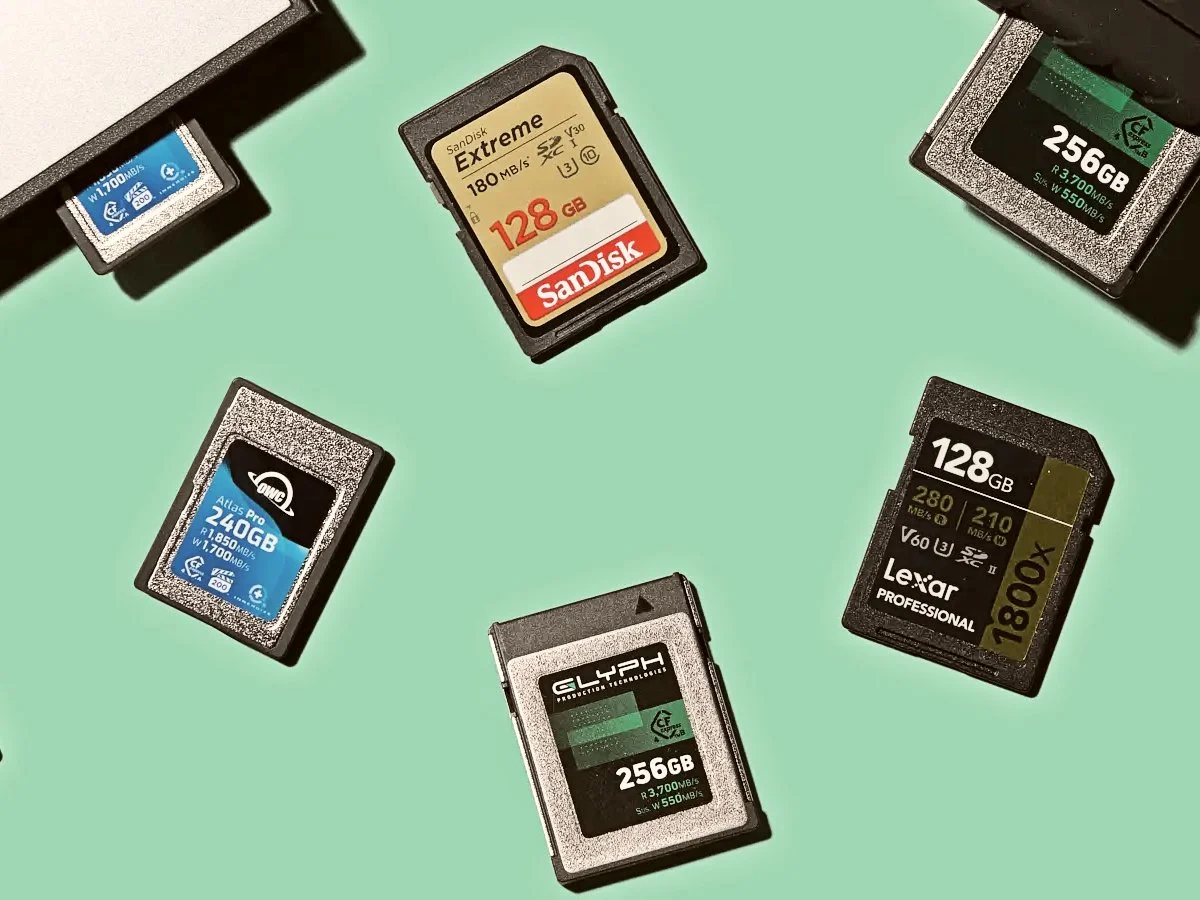 SD cards and memory cards used for photo and video storage, representing SD card data recovery for missing photos and videos.