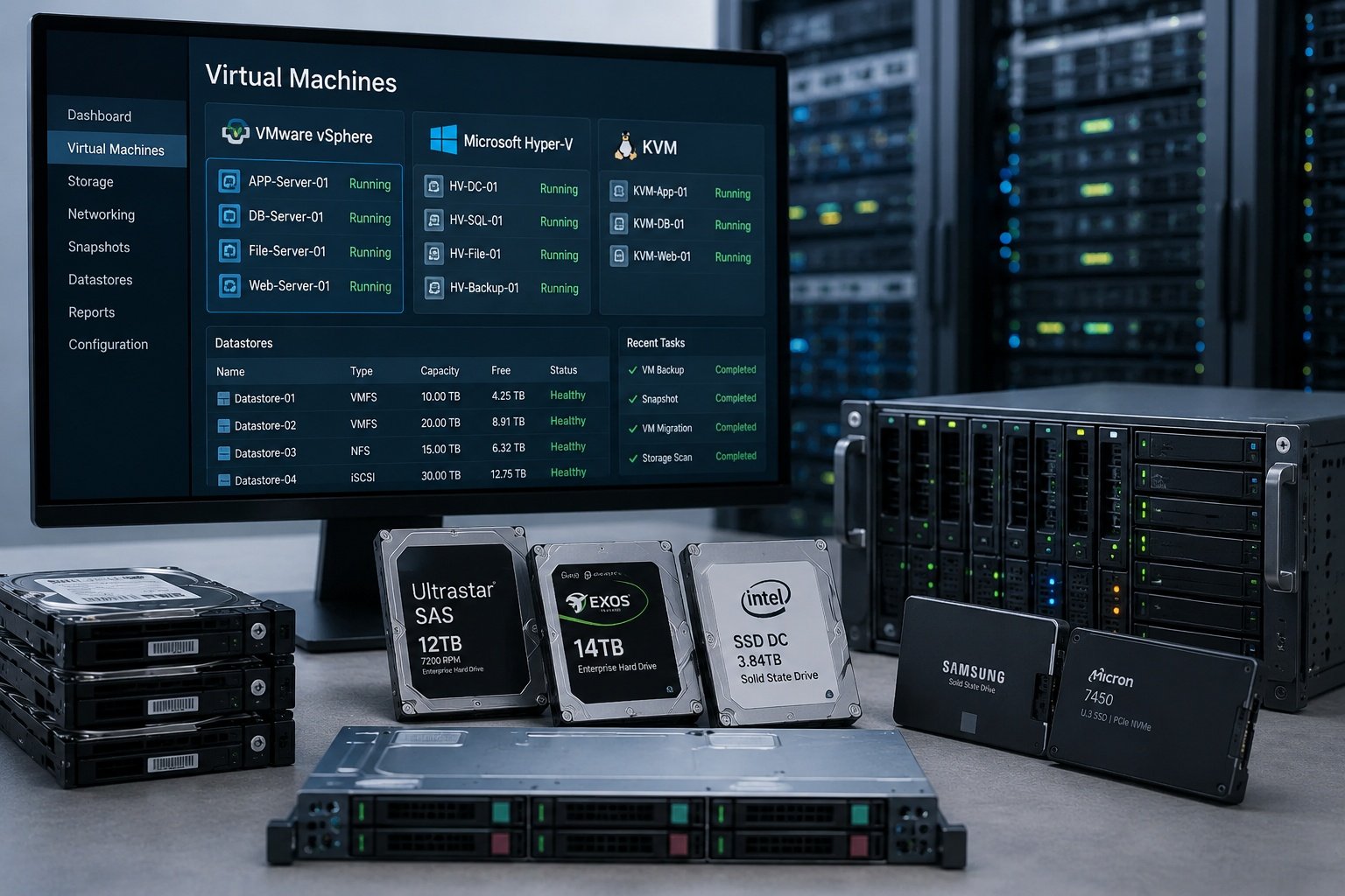 Virtual machine dashboard, server storage, hard drives, and SSDs representing professional virtual machine data recovery.