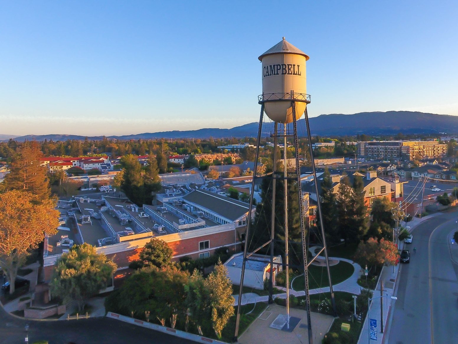 Campbell Water Tower overlooking Downtown Campbell and the Santa Cruz Mountains in Campbell, California