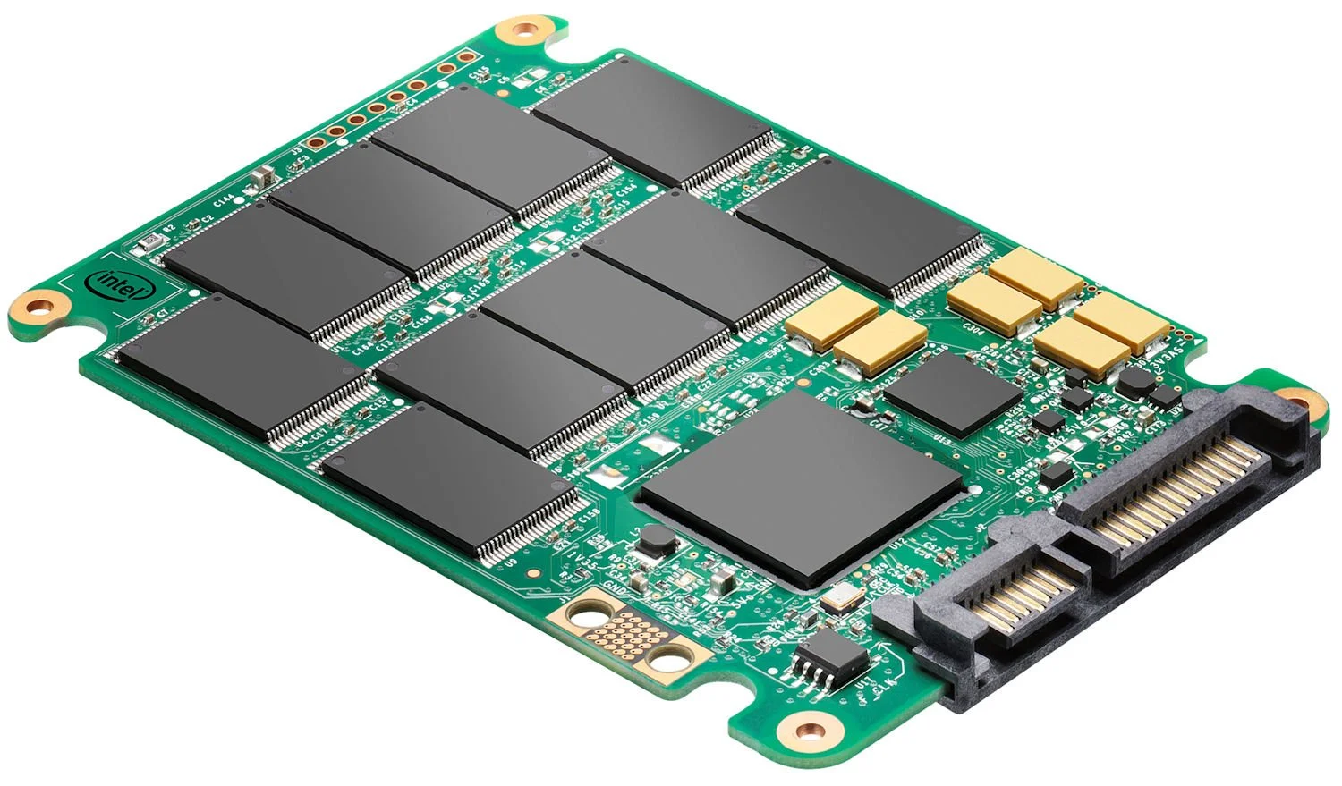 Solid-state drive circuit board showing NAND flash memory chips and SATA connectors for professional SSD data recovery.