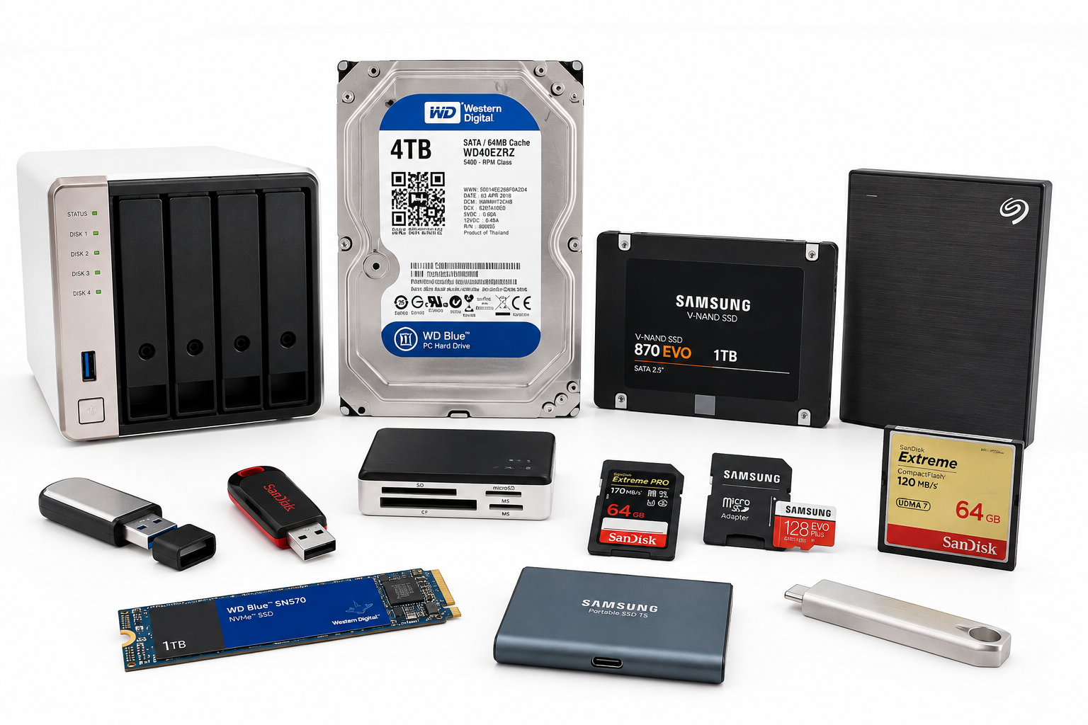 NAS, hard drive, SSD, USB drives, and memory cards representing lost file recovery from multiple storage devices.
