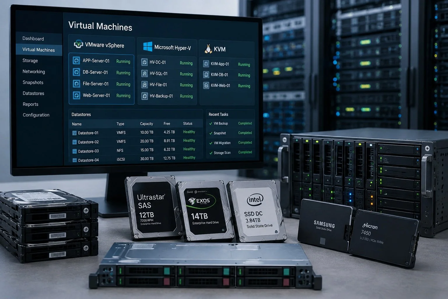 Virtual machine management screen with servers and enterprise storage drives in a data center.