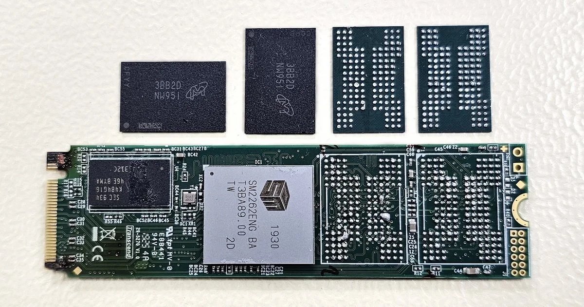 Chip-off SSD data recovery showing removed NAND flash memory chips from an M.2 solid-state drive, illustrating how the TRIM function affects data recovery after deletion.