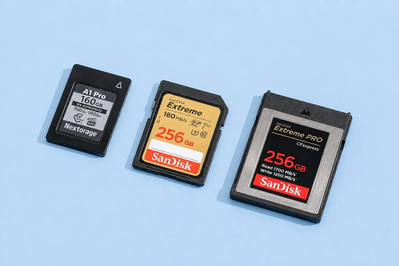 SD, CFexpress, and professional camera memory cards used for photo and video storage.