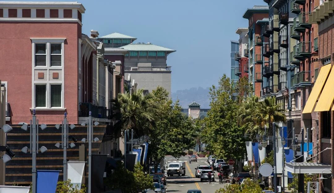 Urban street scene in Fremont, CA with multi-story buildings, parked cars, trees, and a cloudy sky.