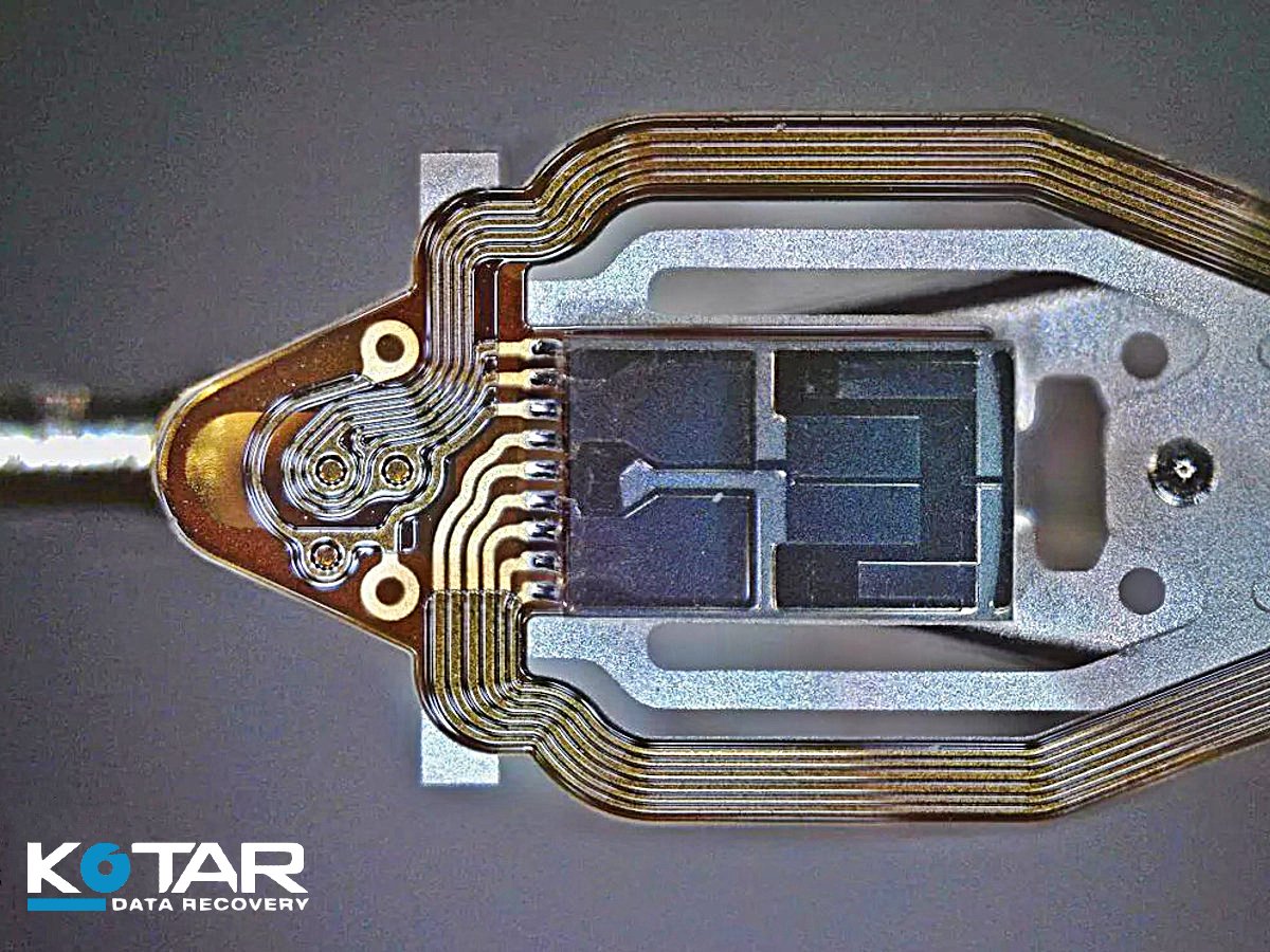 Magnified hard drive head component for data recovery.