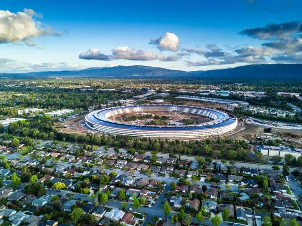 Aerial view of Apple Park and Cupertino, California