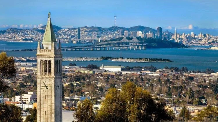 Sather Tower at UC Berkeley overlooking the San Francisco Bay and San Francisco skyline from Berkeley, California
