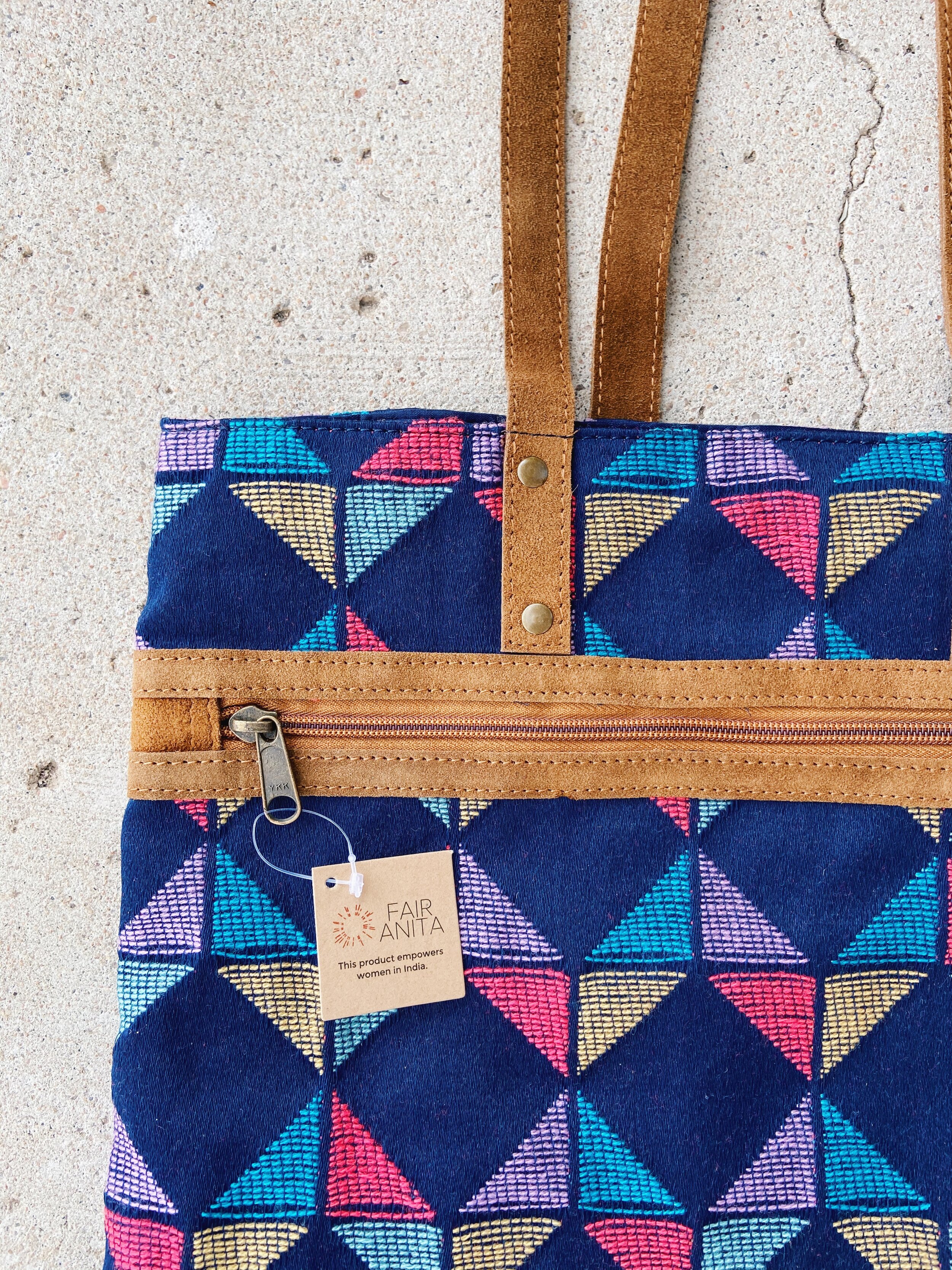 kaleidoscope tote purse close up, fair anita, repurposed suede, close up, fair trade handbag, fair trade purse, fair trade tote, ethical fashion, ethical
