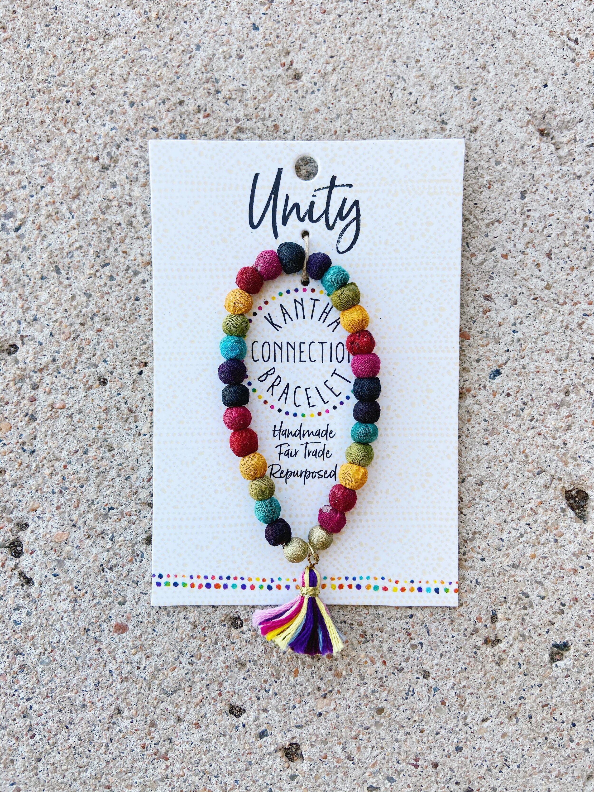 Kantha Connection Unity bracelet, World Finds, kantha bracelet, upcycled bracelet, repurposed bracelet, upcycled jewelry, repurposed jewelry, rainbow, rainbow bracelet, rainbow bead bracelet