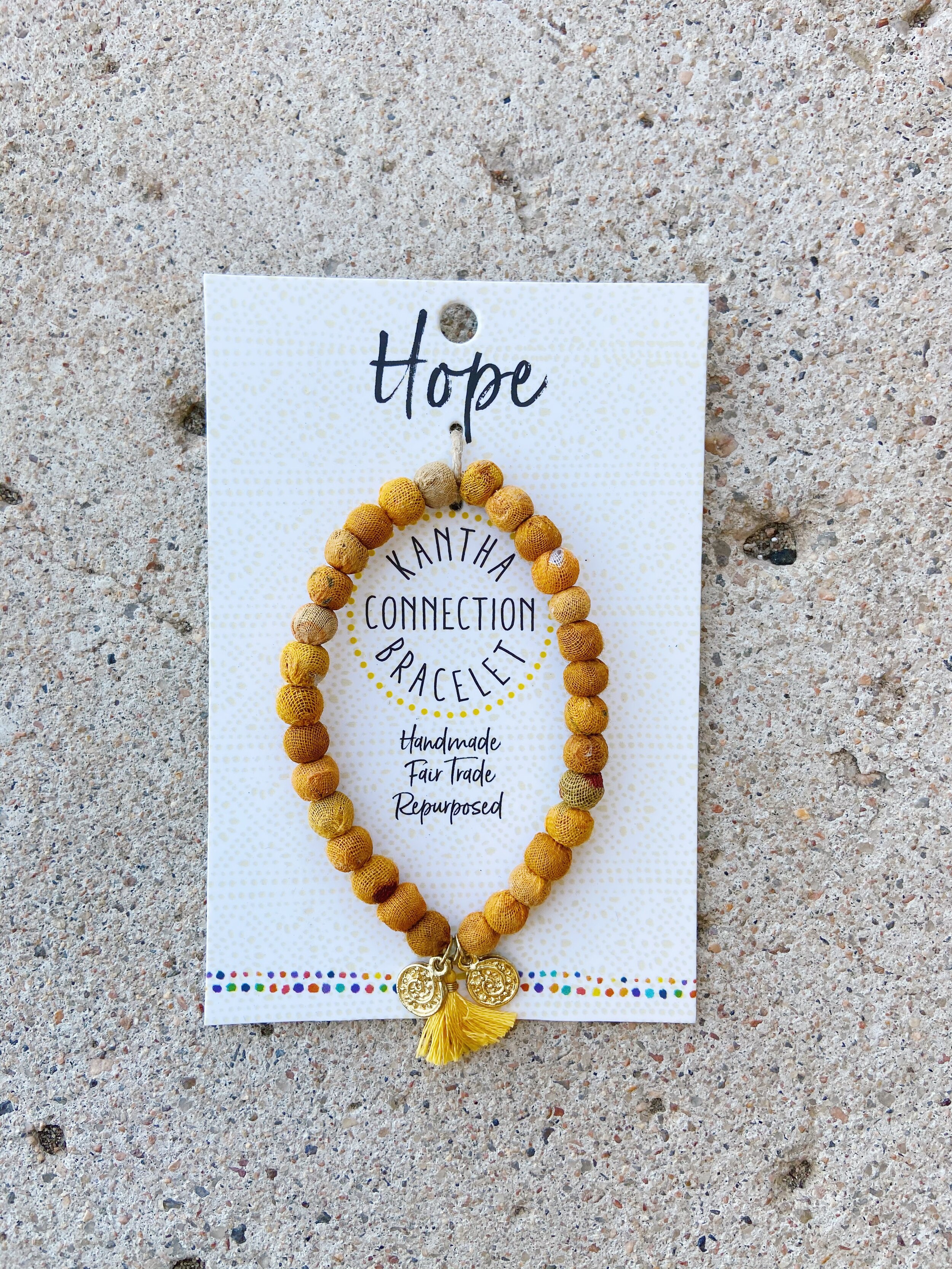 kantha connection yellow hope bracelet, world finds, yellow bracelet, yellow bead bracelet, fair trade jewelry, fair trade bracelet, recycled bracelet