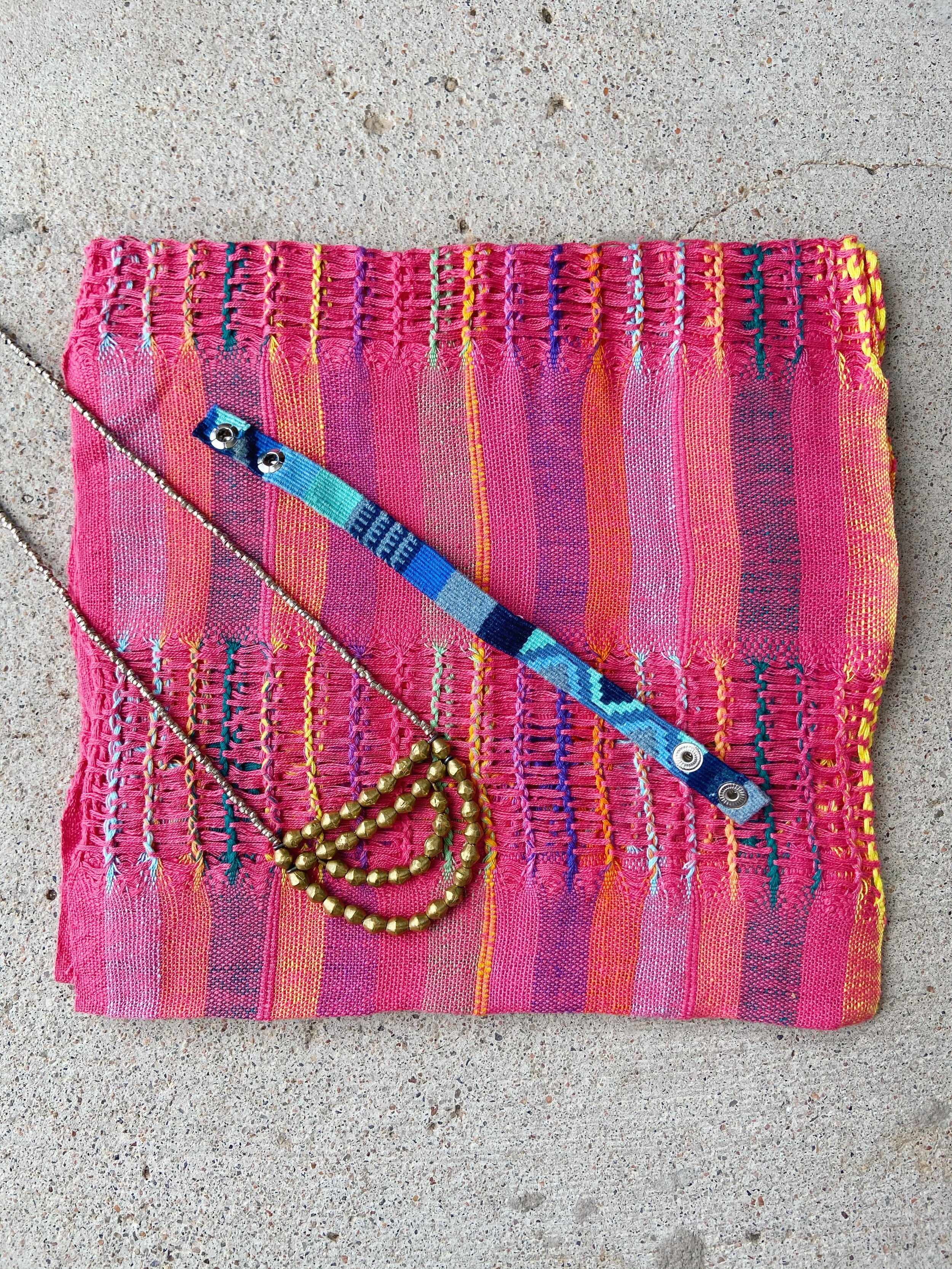 Denim Cinta Friendship Bracelet, Mayan Hands, Pink Lattice Weave Scarf, Half Circle Necklace