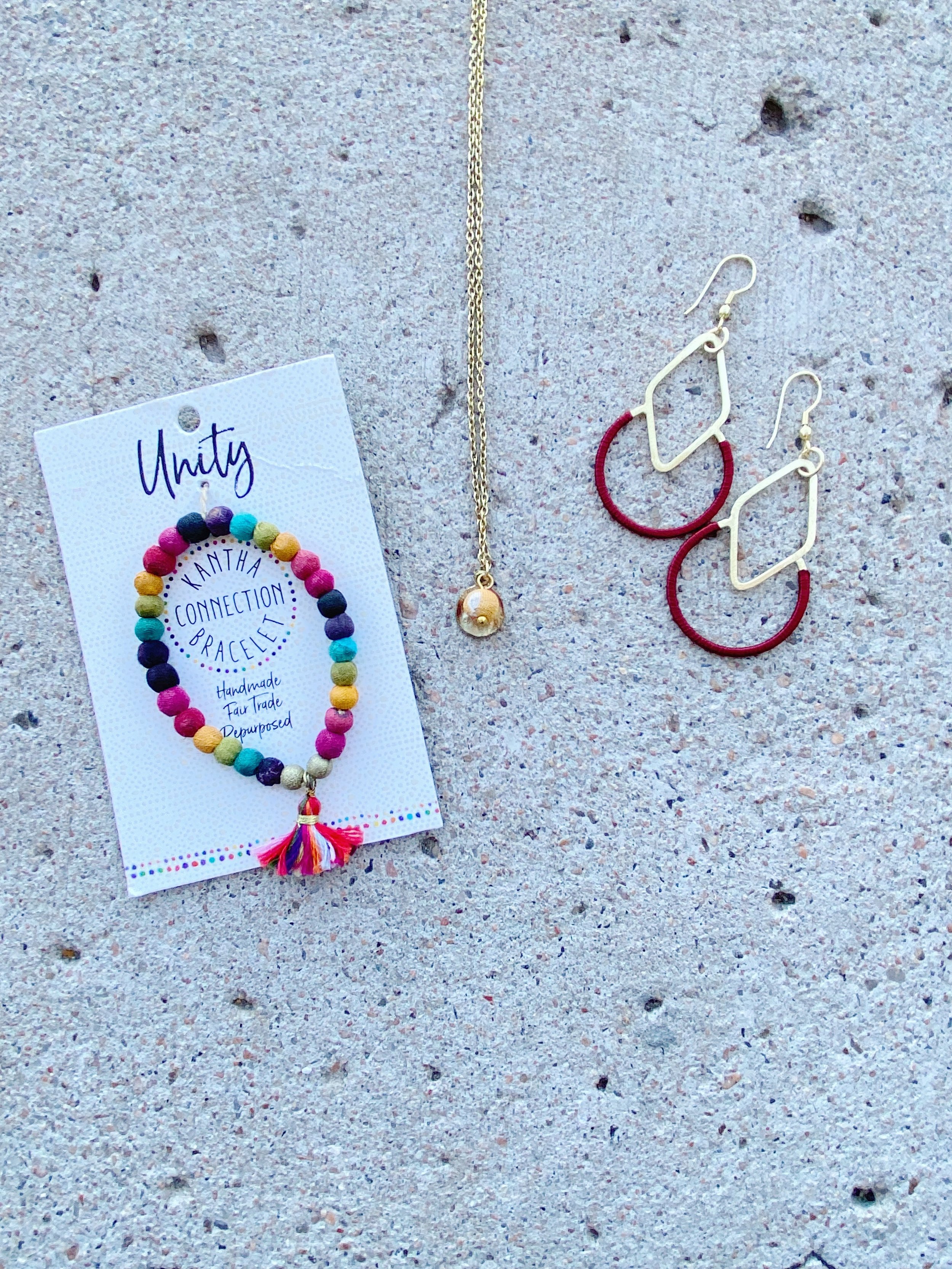 Graphic Threads Earrings, Kantha Connections Unity Bracelet, Kantha Camille Necklace