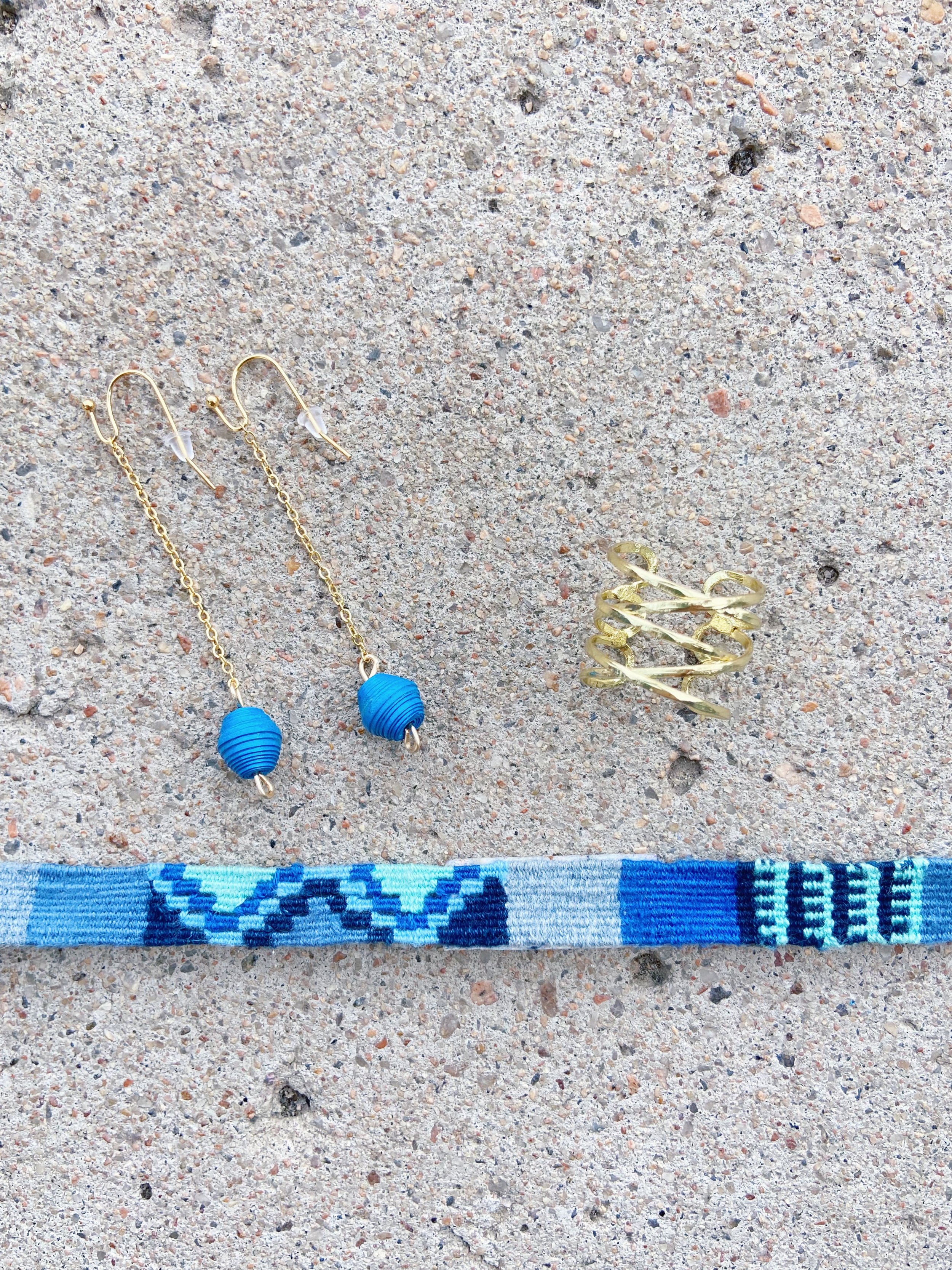 Dainty Drop Earrings- Blue, Denim Cinta Friendship Bracelet, Gold Wind and Water Ring