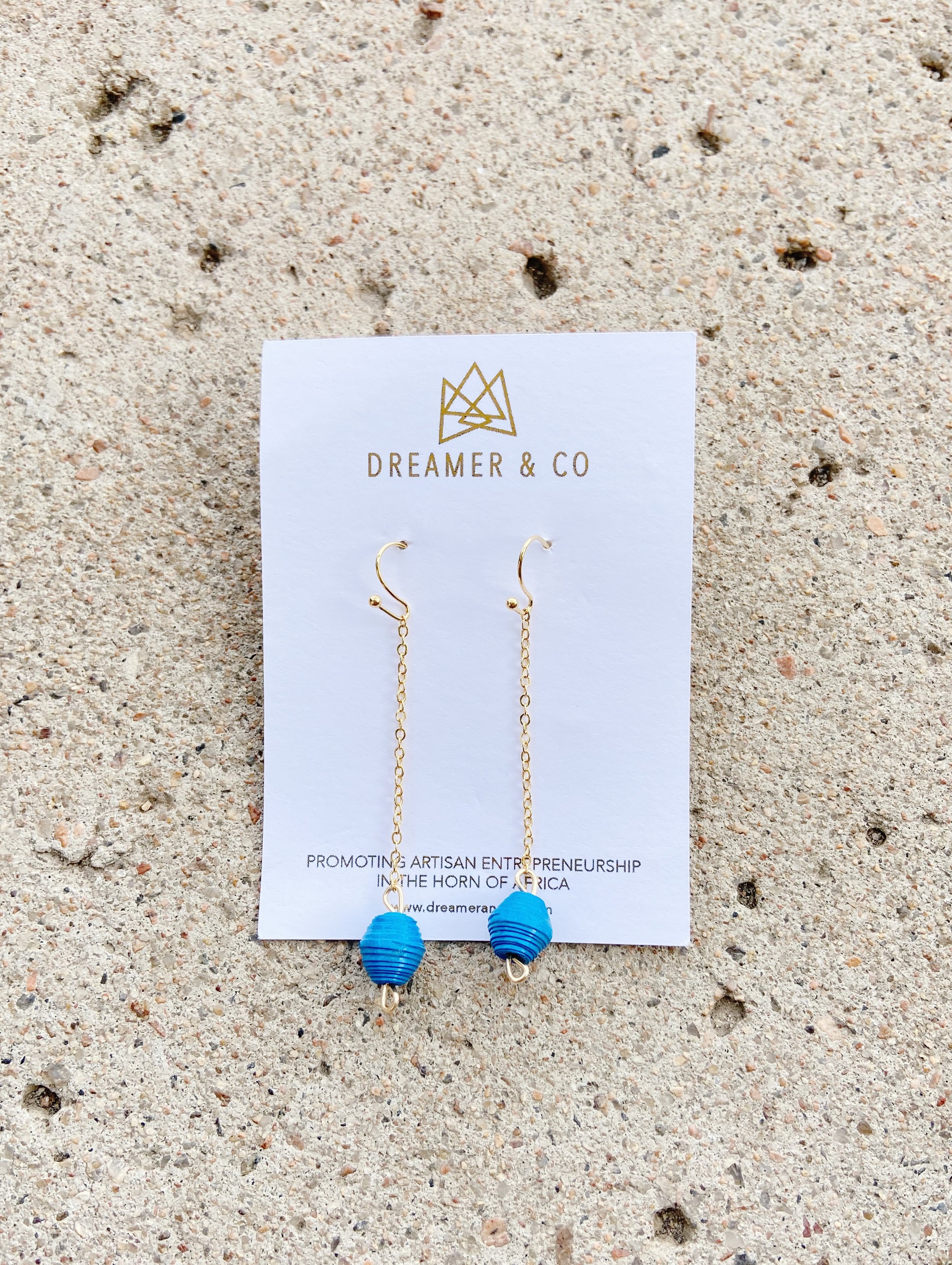 Dainty Drop Earrings- Blue, Dreamer & Co., with packaging