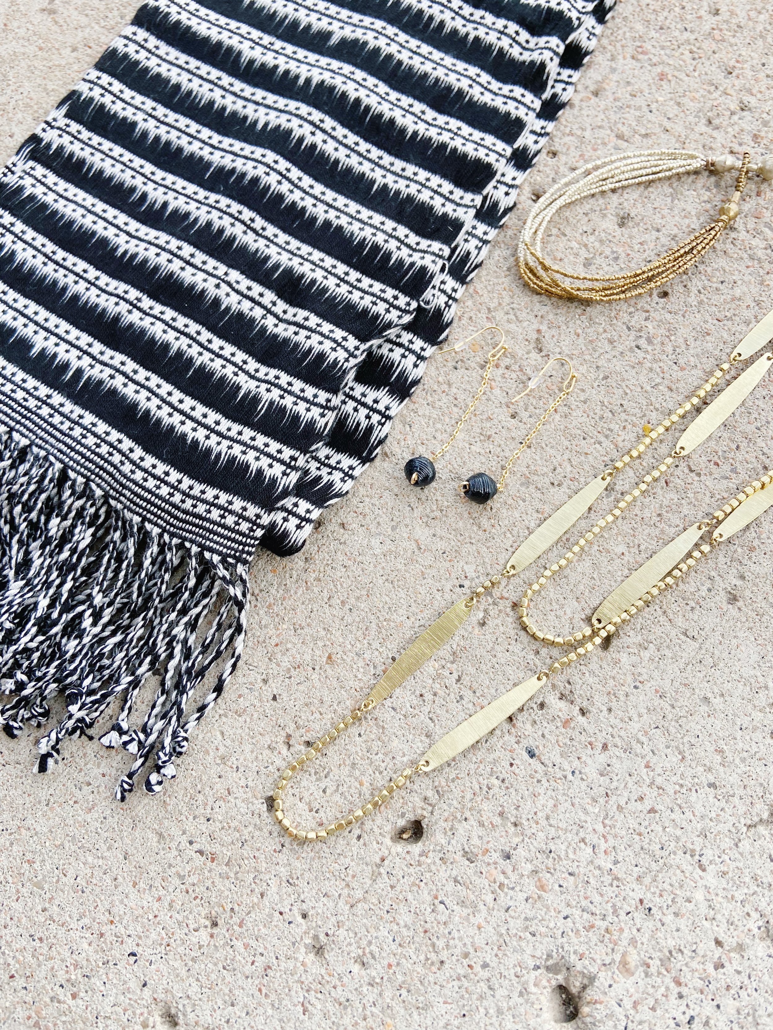 Dainty Drop Earrings - Black, Mayan Moonlight Scarf, Amelie Necklace, Color Block Stack Bracelet
