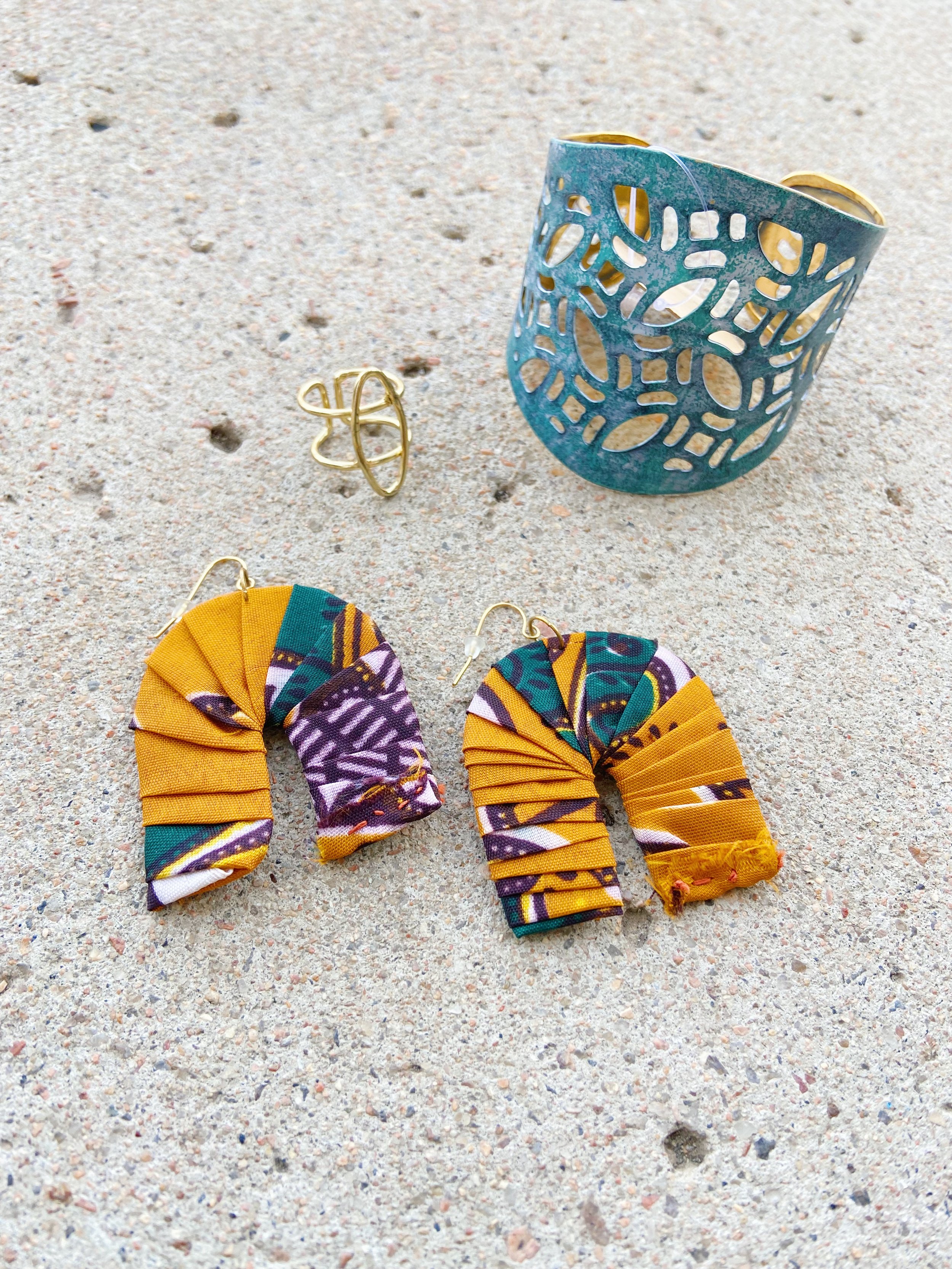 Fabric Earrings - Mustard Yellow, Lace Patina Cuff, Foster Beach Ring