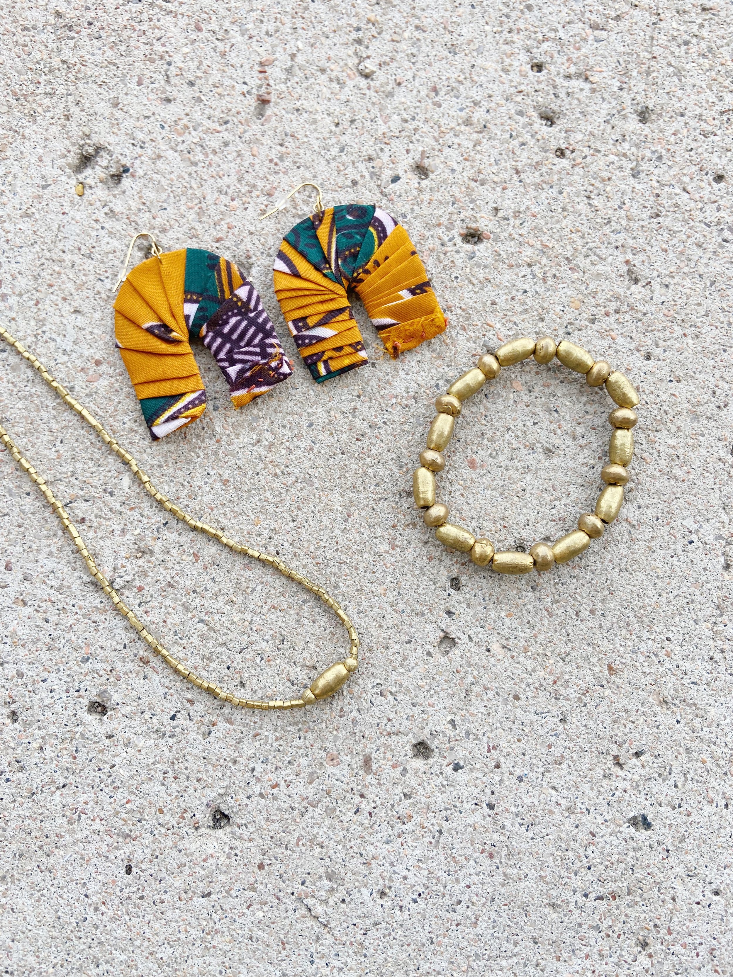 Fabric Earrings - Mustard Yellow, Gold Shell Bracelet, Emnet Necklace Brass