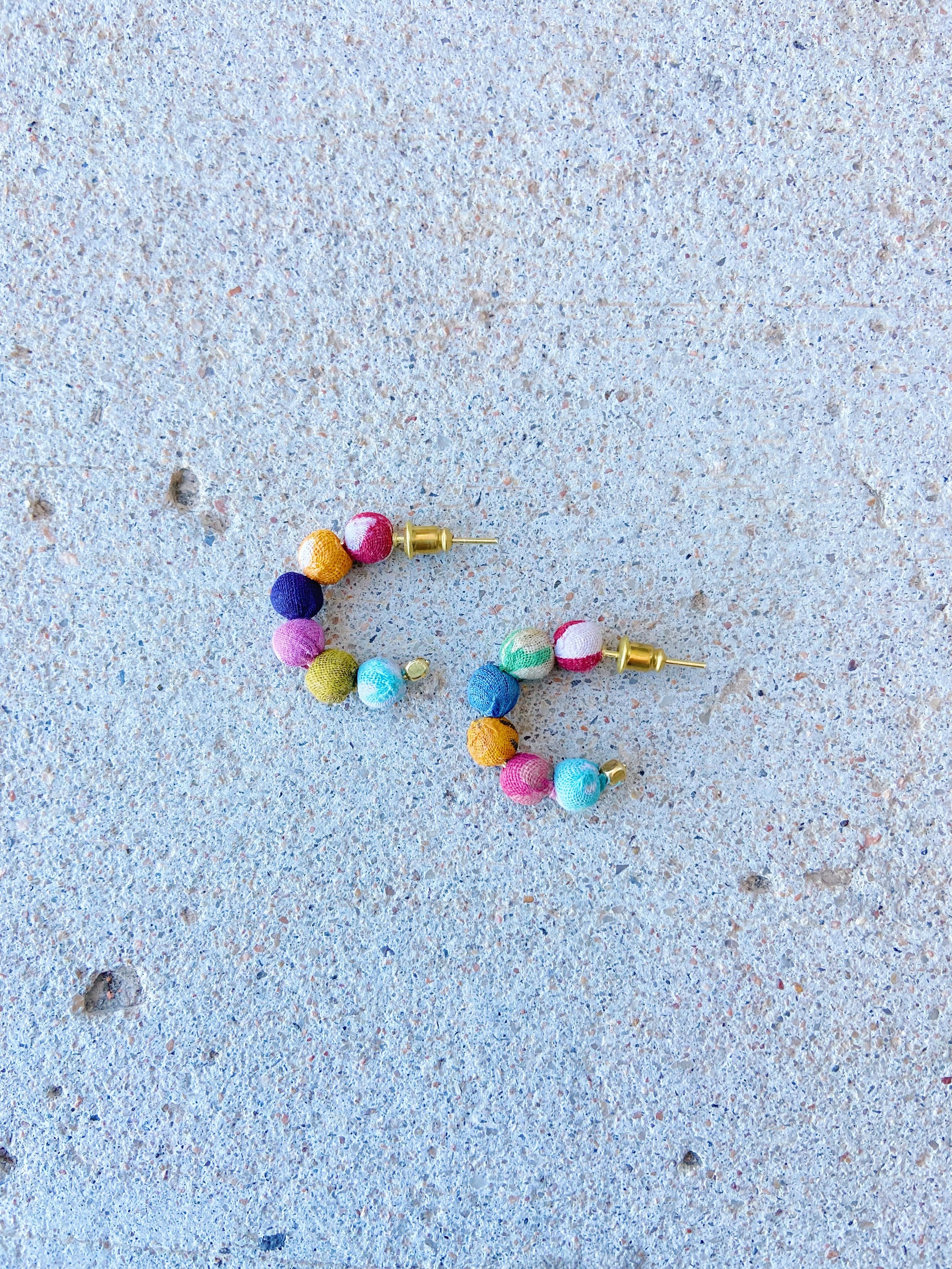 colorful beaded Kantha hoop earrings