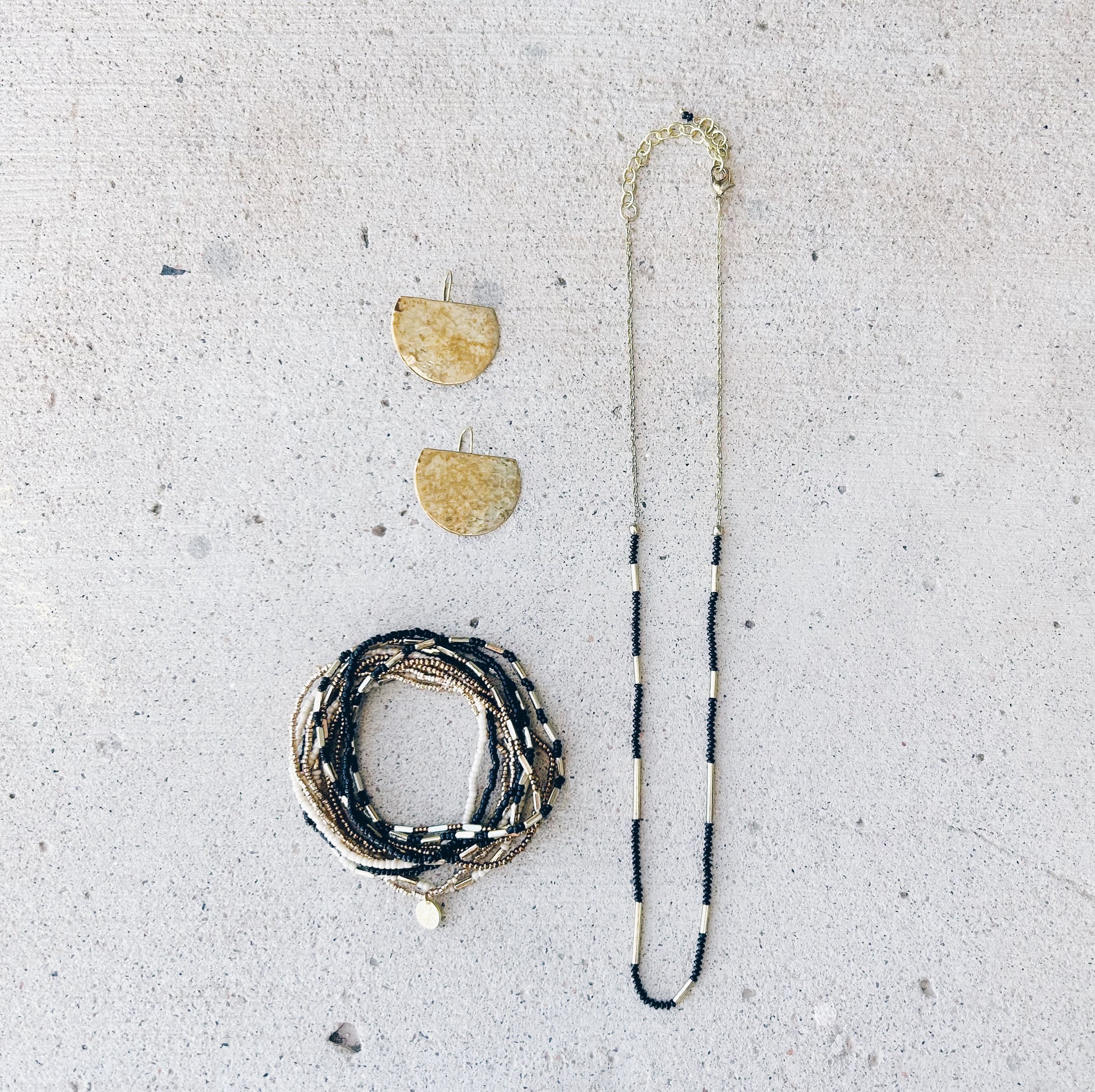 The Morse Code Necklace pairs well with the Burst Elastic Bead Bracelet Set and the Luna Hammered Brass Earrings.