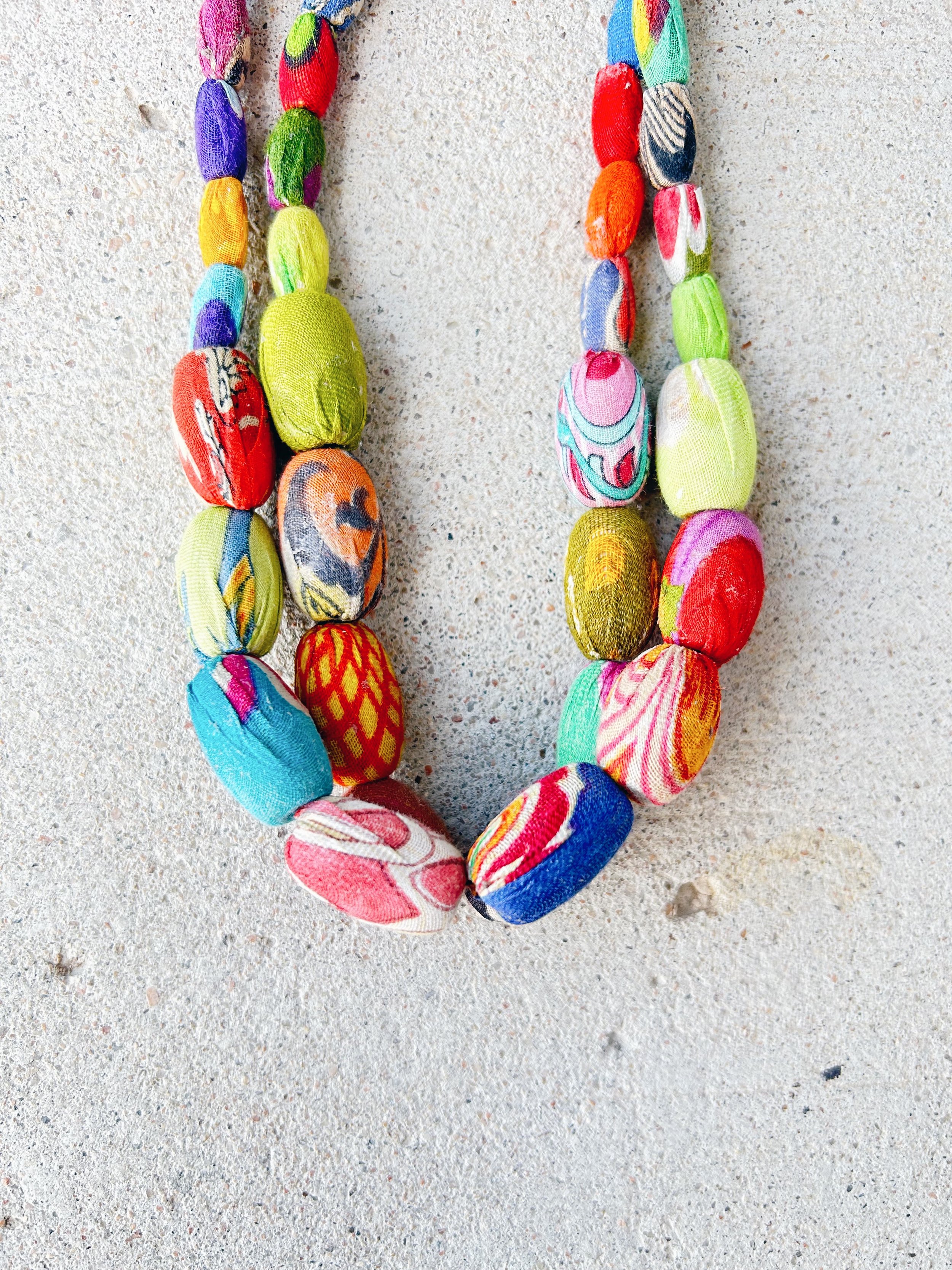 A closeup of the center of the necklace showcases the eight large beads.