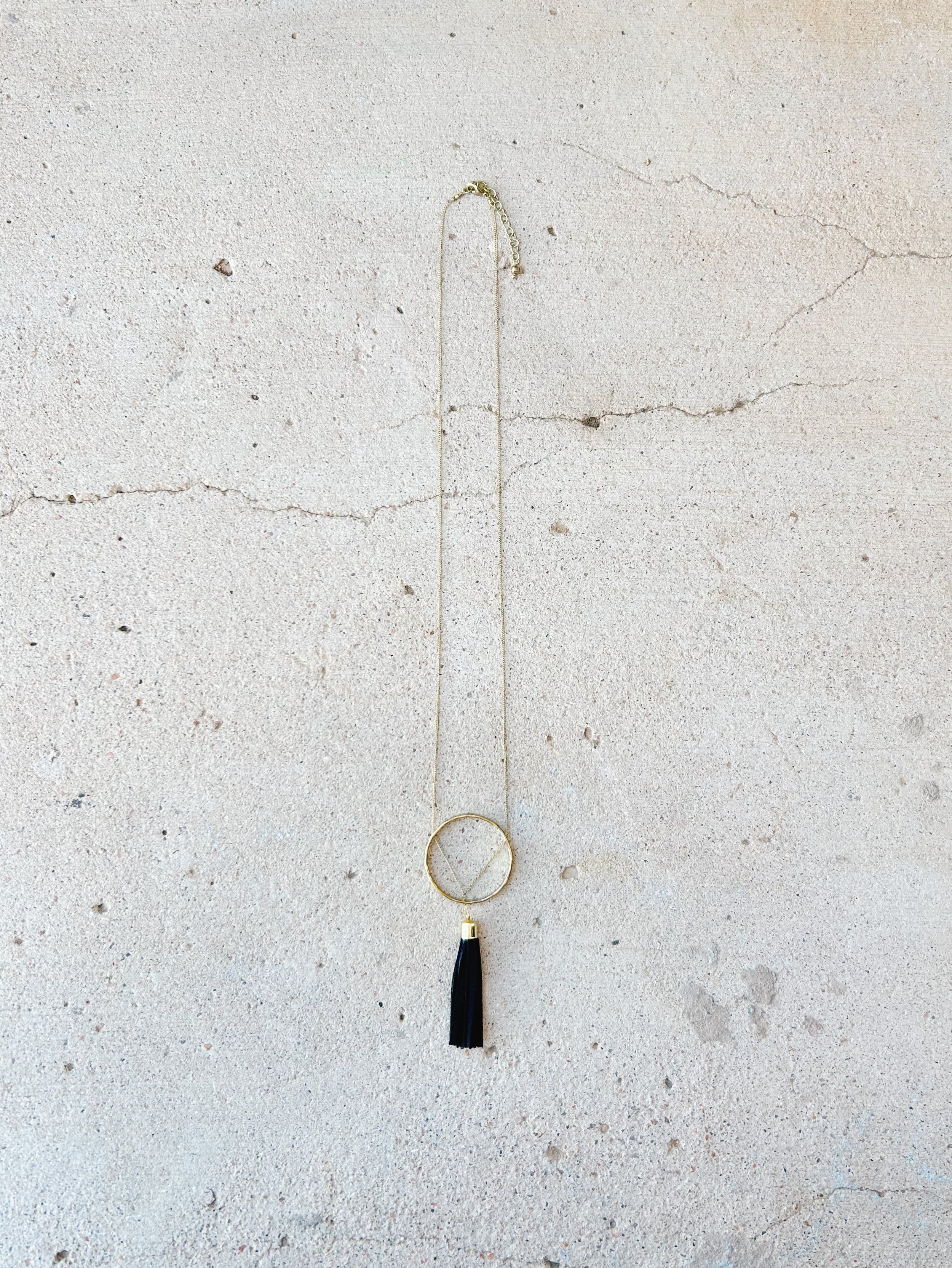 The Ellaria Tassel Necklace features a skinny brass chain, a circle pendant, and a suede tassel.