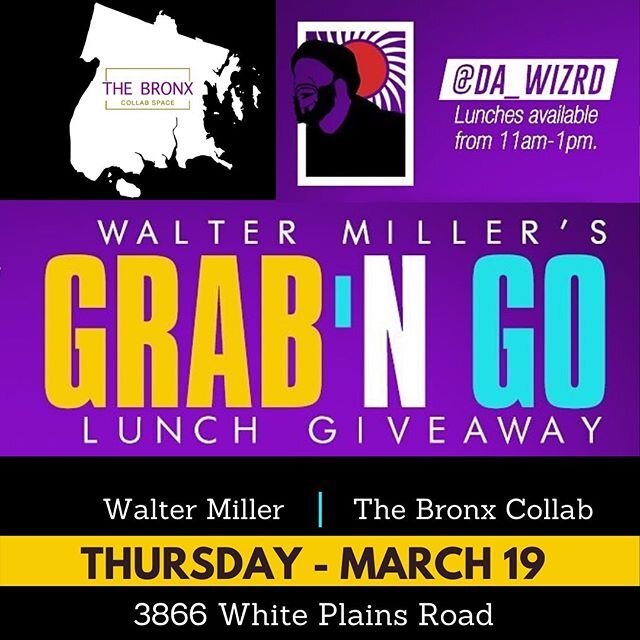 🚨Thursday March 19th | 11am-1pm🚨
Come out and support Walter Miller ( @da_wizrd )giving out lunches to the community. Please come grab a lunch:
3866 White Plains Road
#community #support
.
.
.
.
#thebronx #bronx #bx #waltermiller #thebronxcollab #t