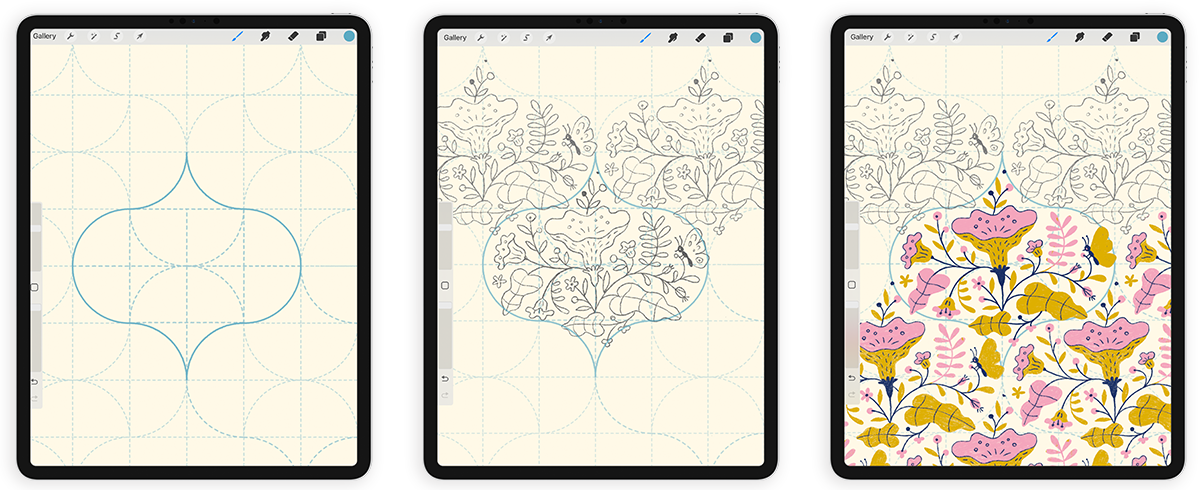 Three tablets display the stages of creating a floral pattern: a basic outline, a detailed black and white sketch, and a full-color design with pink and yellow flowers.