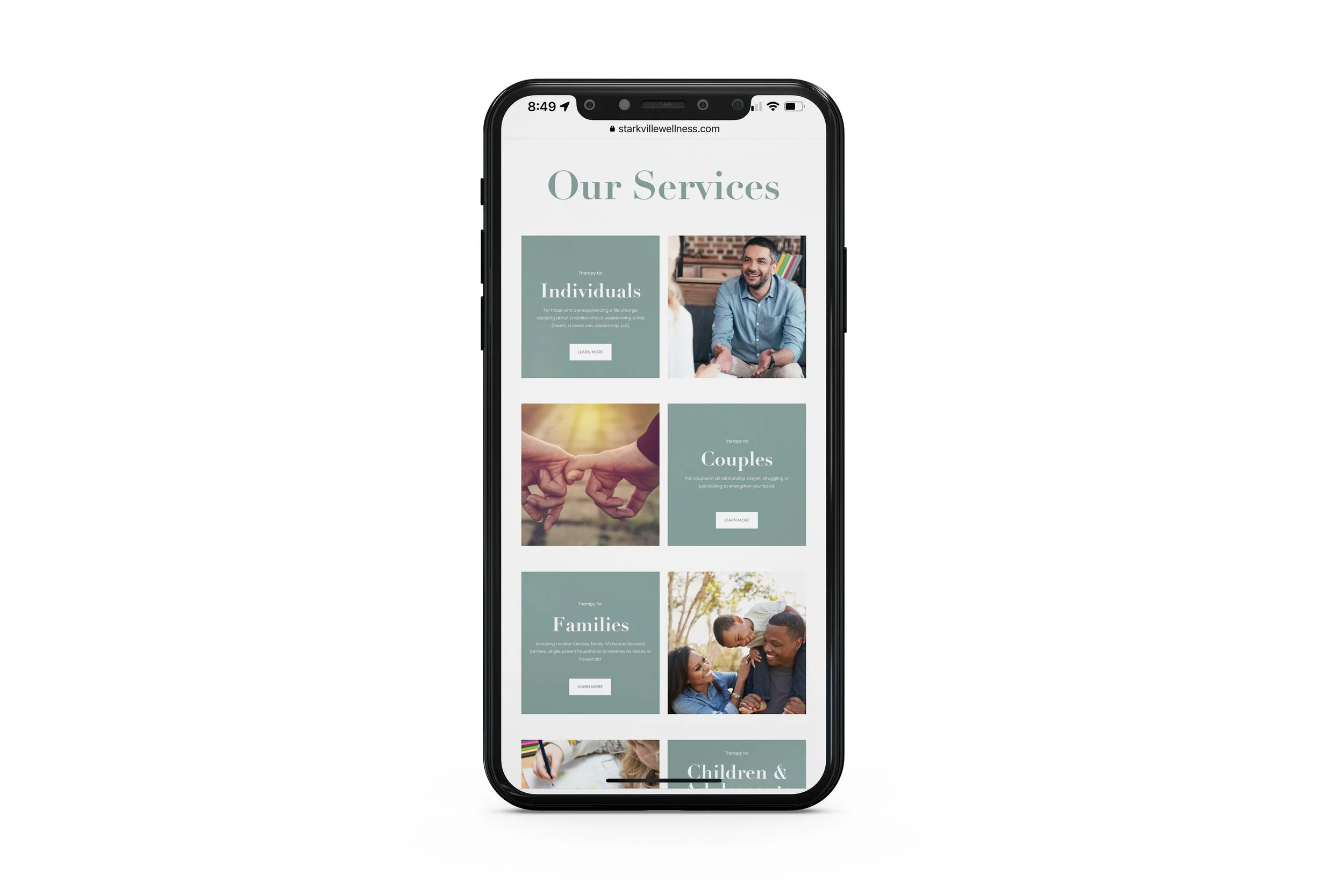 Mobile phone displaying a website page titled "Our Services" with sections for Individual, Couples, Families, and Children therapy, each with images and "Learn More" buttons.