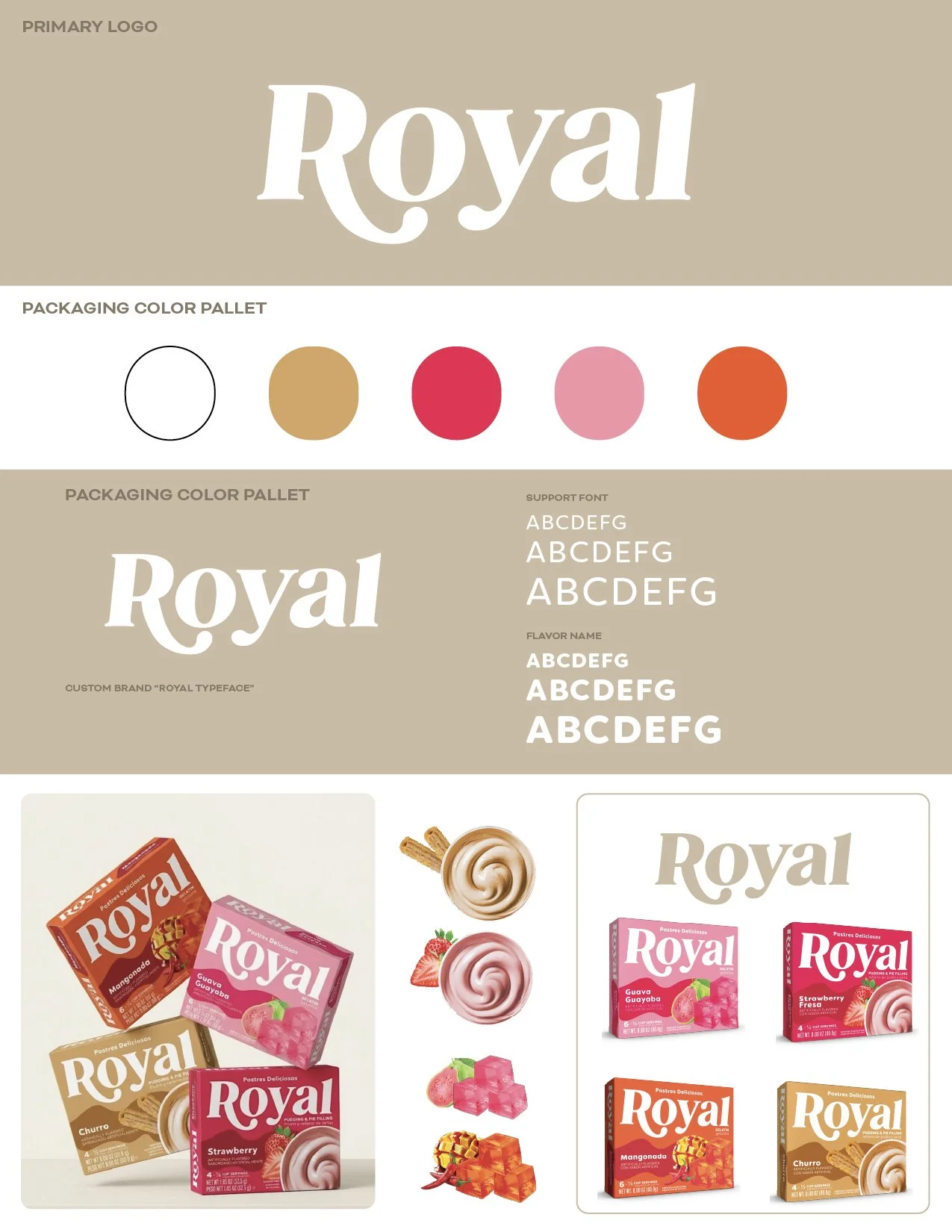 Royal Pudding brand refresh by Design Refinery® Boston — modern logo design, custom typeface, color palette and bilingual CPG packaging for Spanish inspired flavor line including Churro, Guava, Strawberry and Mangonada