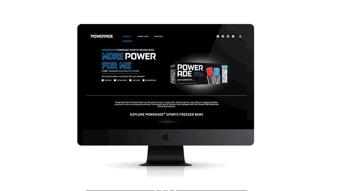 Computer monitor displaying the Powerade sports freezer bars webpage