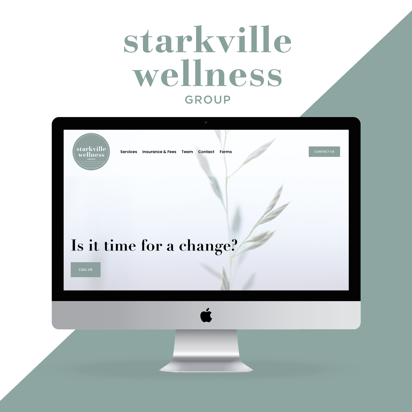 Website homepage for Starkville Wellness Group featuring a minimalist design with a light background, a navigation menu, and a central message asking if it's time for a change.