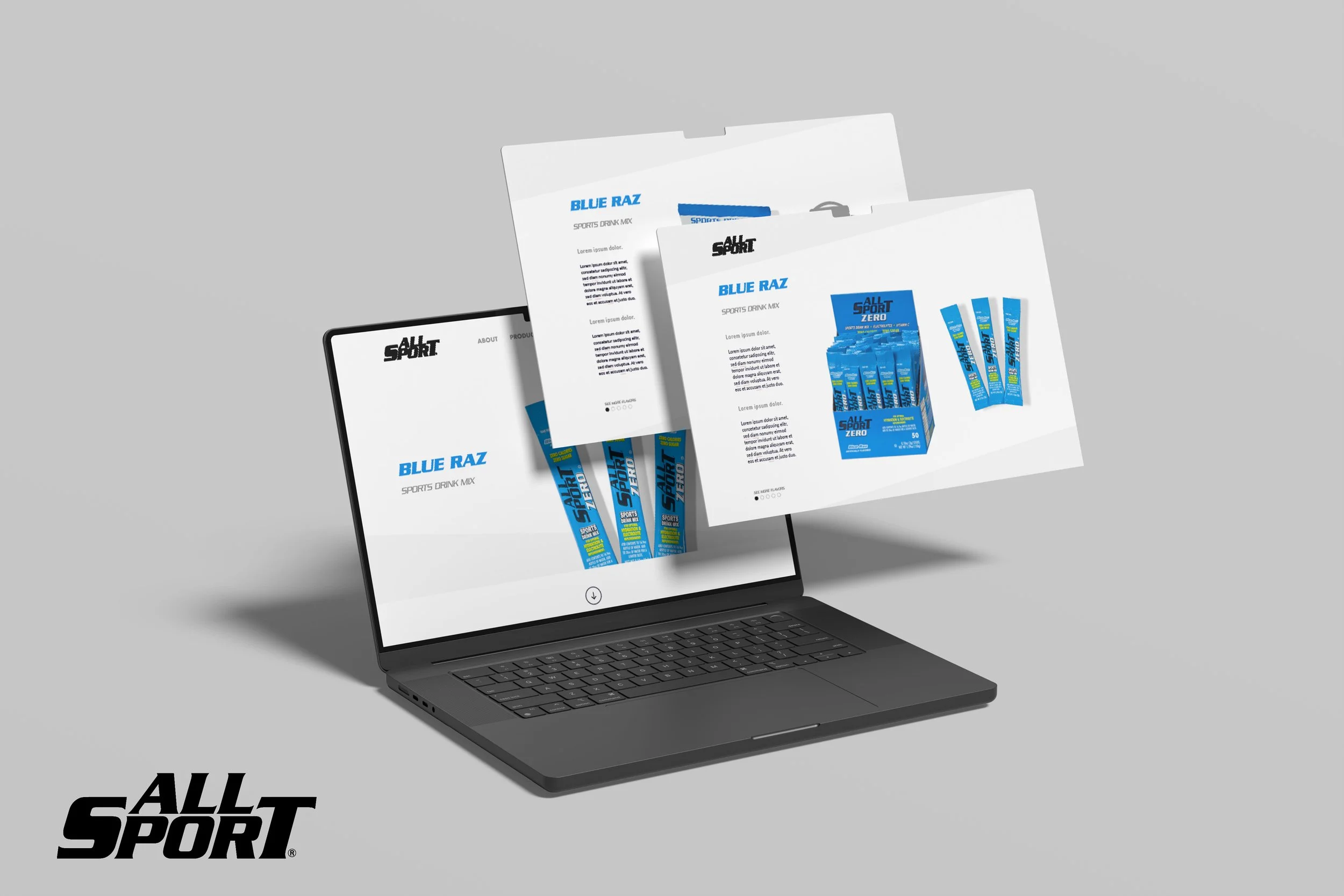 A laptop displaying product images of a sports drink called Blue Raz on its screen, with overlapping printed pages showing the same product. The pages include images of a boxed pack and individual sachets of the sports drink. The All Sport logo is vi