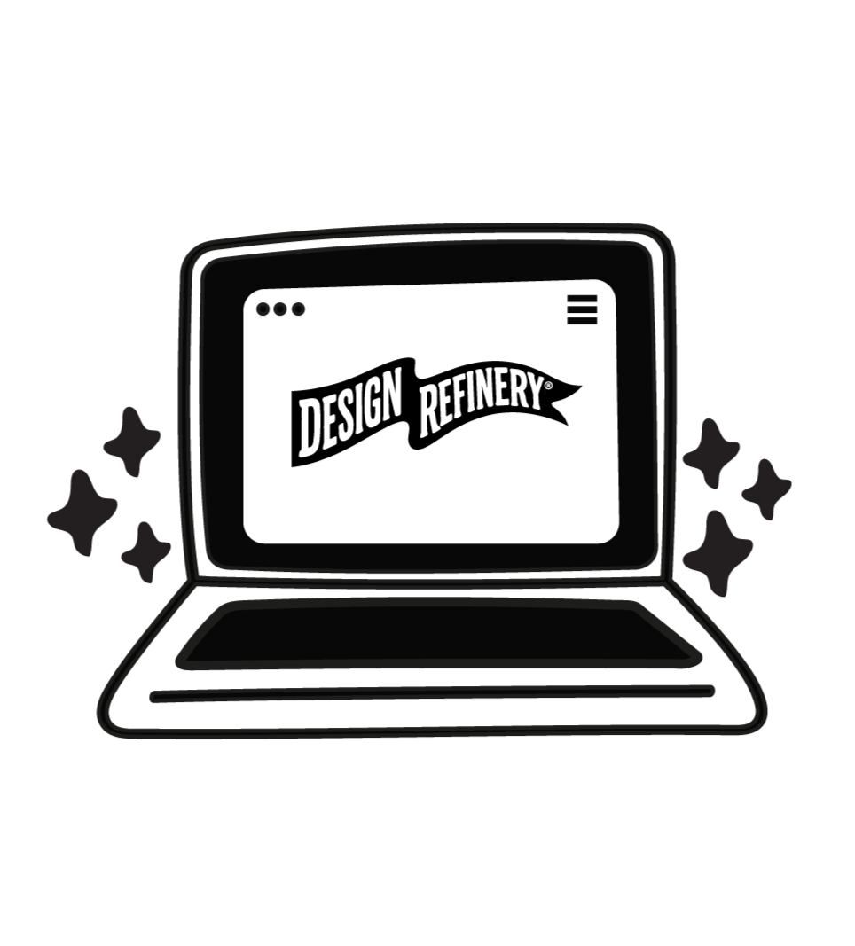 A stylized illustration of a laptop screen with the text 'Design Refinery' inside it, surrounded by small sparkles or stars.
