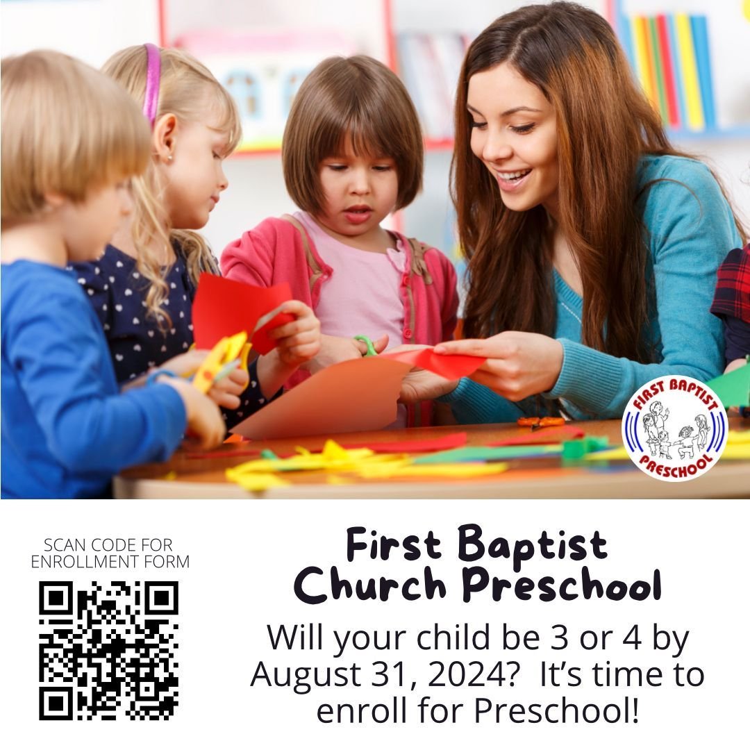 Enrollment is now open for First Baptist Preschool! We are a half-day preschool program located at 1501 State St. in Augusta. For your child to enroll, they must be 3 or 4 by Aug 31 &amp; toilet trained. Classes fill on a first come first serve basis