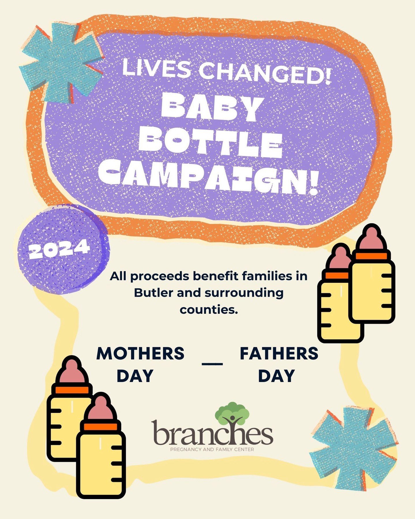 Branches Pregnancy &amp; Family Center will be collecting change between Mother&rsquo;s Day &amp; Father&rsquo;s Day.  Pick up a bottle from the table in the foyer on Mother&rsquo;s Day, fill it up with change and return by Father&rsquo;s Day.  All p