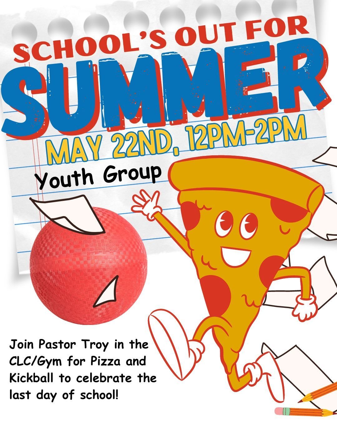 Summer Youth Events:  May 22nd, School&rsquo;s Out For Summer! Join Pastor Troy in the CLC/Gym for Pizza and Kickball to celebrate the last day of school. 12-2pm.
#fbcay #fbcaugustaks
