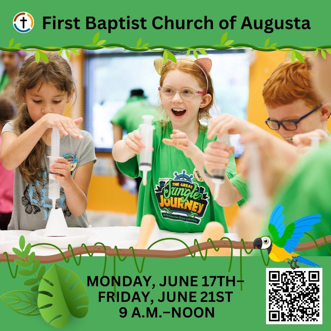The Great Jungle Journey!  Jun 17 - Jun 21, 9 am to noon, your kids will embark on an adventure through the Bible, exploring its timeless truths &amp; discovering answers to life's biggest questions. Get ready for a week filled with fun, faith, &amp;