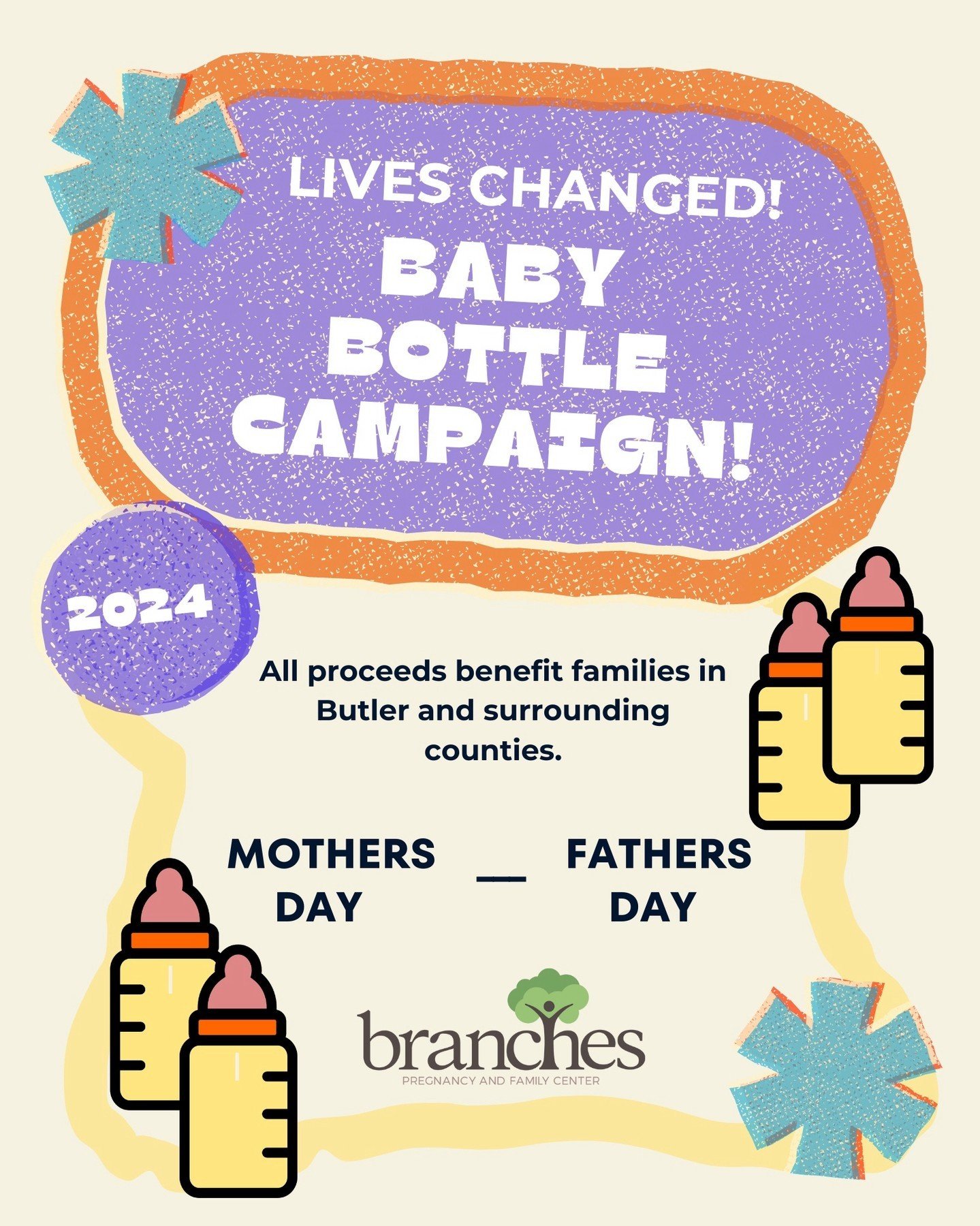 Branches Pregnancy &amp; Family Center will be collecting change between Mother&rsquo;s Day &amp; Father&rsquo;s Day.  Pick up a bottle from the table in the foyer on Mother&rsquo;s Day, fill it up with change and return by Father&rsquo;s Day.  All p