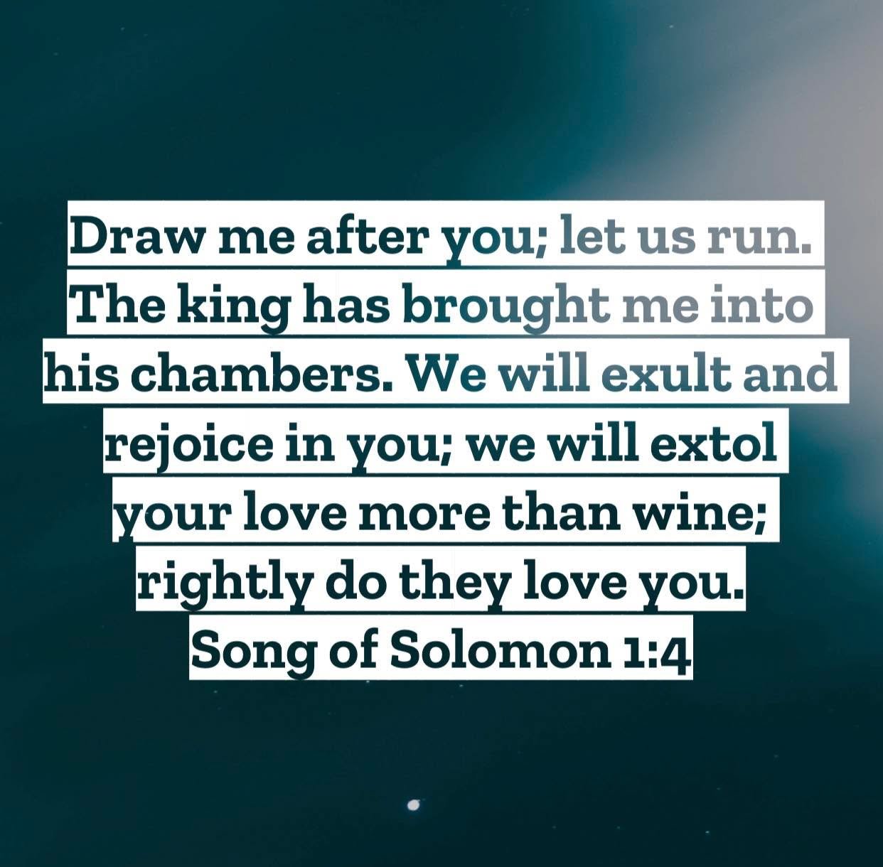 Song of Solomon 1 &ndash; Pastor Mac Daily DEVO

Draw me after you; let us run. The king has brought me into his chambers. We will exult and rejoice in you; we will extol your love more than wine; rightly do they love you. Song of Solomon‬ ‭1‬:‭4‬ ‭-