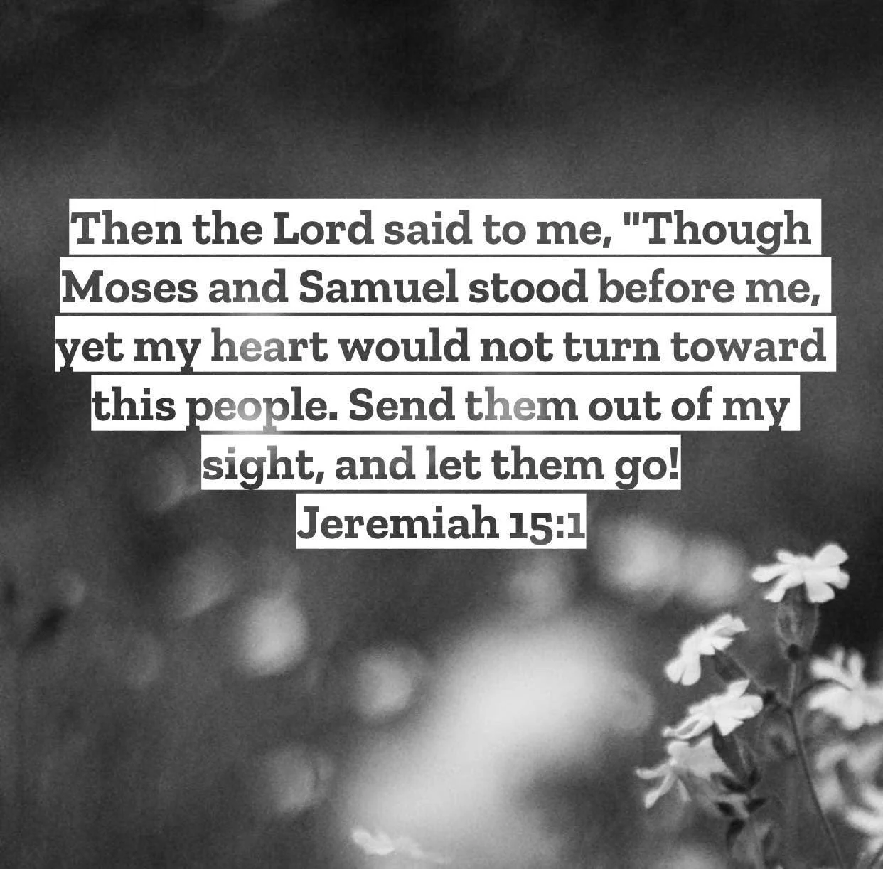 Jeremiah 15 &ndash; Pastor Mac Daily DEVO
 
Then the Lord said to me, &ldquo;Though Moses and Samuel stood before me, yet my heart would not turn toward this people. Send them out of my sight, and let them go!&rdquo; Jeremiah 15:1 &ndash; Essentially