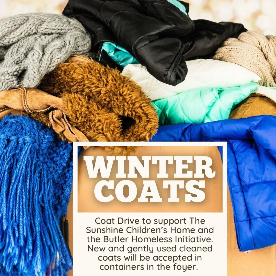 COAT DRIVE | Oct. 12&ndash;Nov. 3 
The Discipleship Team is collecting coats!

Needed sizes:
	&bull;	Sunshine Children&rsquo;s Home: Toddlers 2T&ndash;5T, Children&rsquo;s 6&ndash;12, Adult hoodies
	&bull;	Butler Homeless Initiative: Men&rsquo;s M&nd
