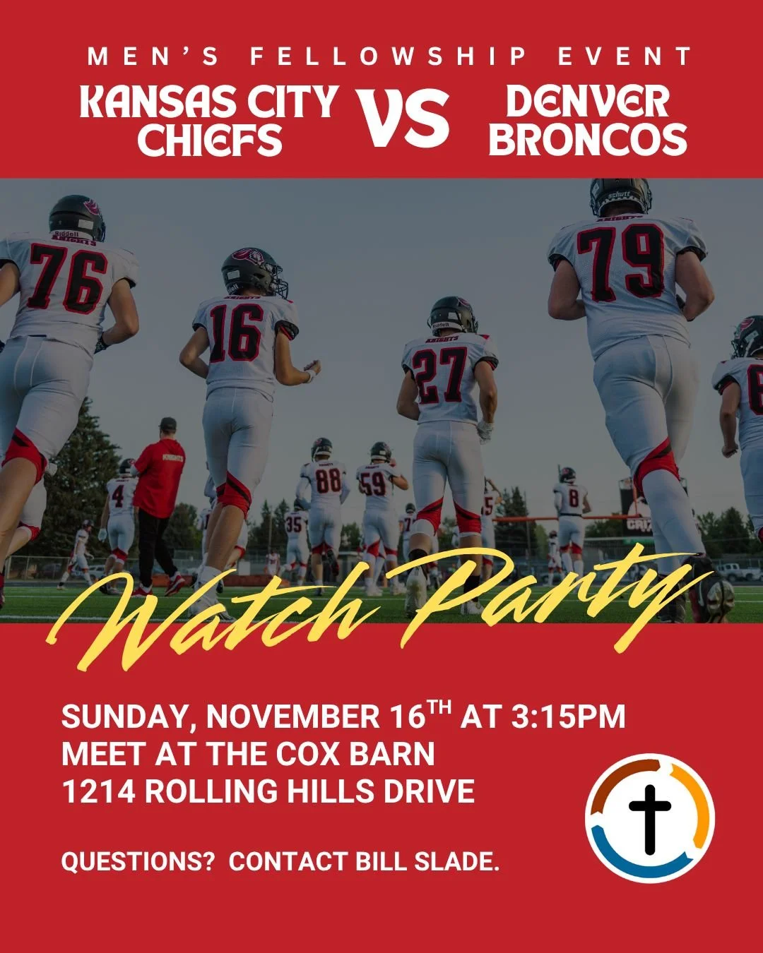 SUNDAY, NOVEMBER 16TH, MEN&rsquo;S DISCIPLESHIP GATHERING:  Come enjoy an afternoon of fun, fellowship, and snacks.  Meet at the Cox Barn, 1214 Rolling Hills Drive at 3:15 PM to watch the Chiefs Vs Broncos Game.  If you have any questions, contact Bi