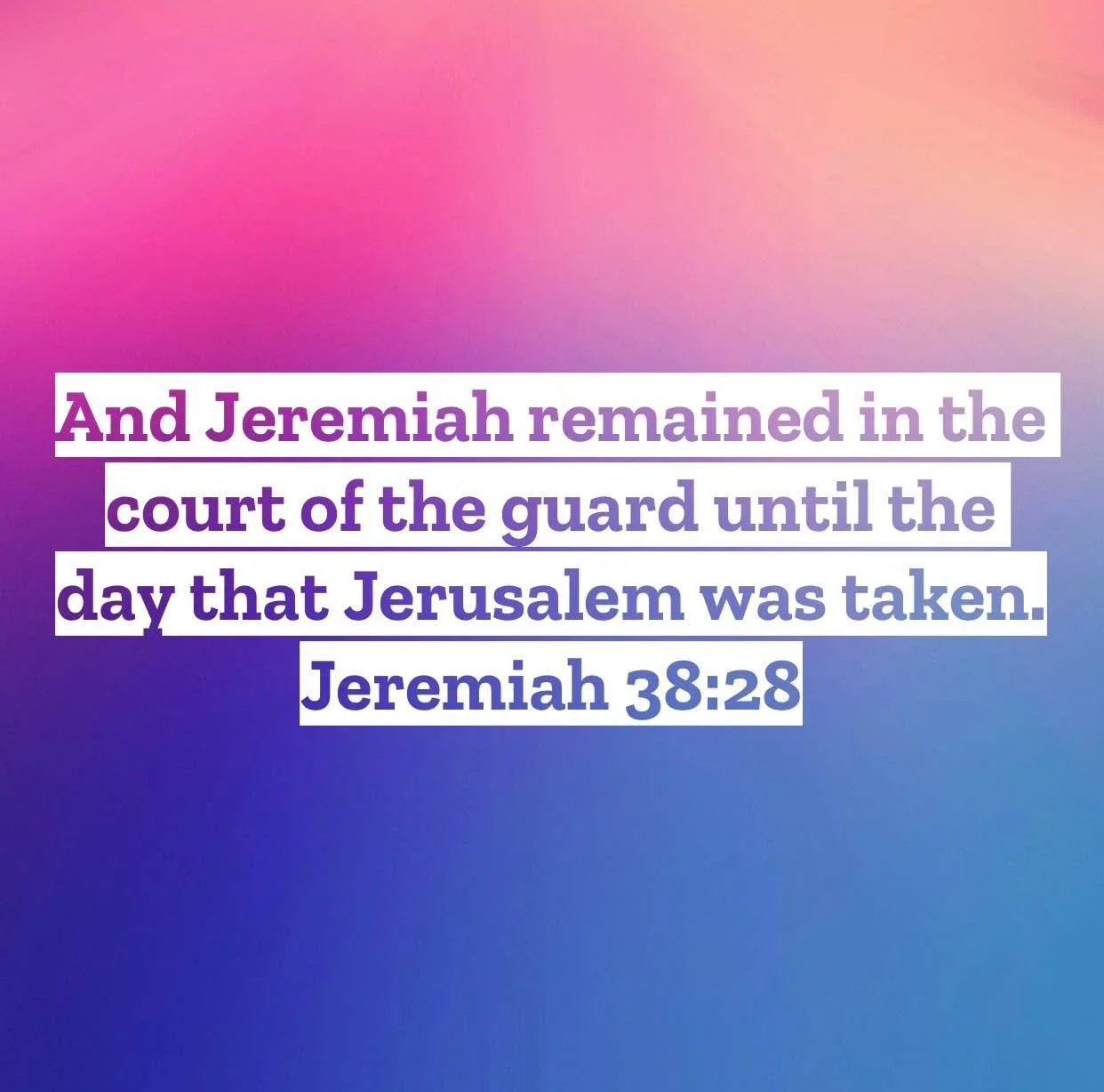 Jeremiah 38 &ndash; Pastor Mac Daily DEVO
 
And Jeremiah remained in the court of the guard until the day that Jerusalem was taken. Jeremiah 38:28 &ndash; What we are reading about in this chapter is likely the most difficult chapter of Jeremiah&rsqu