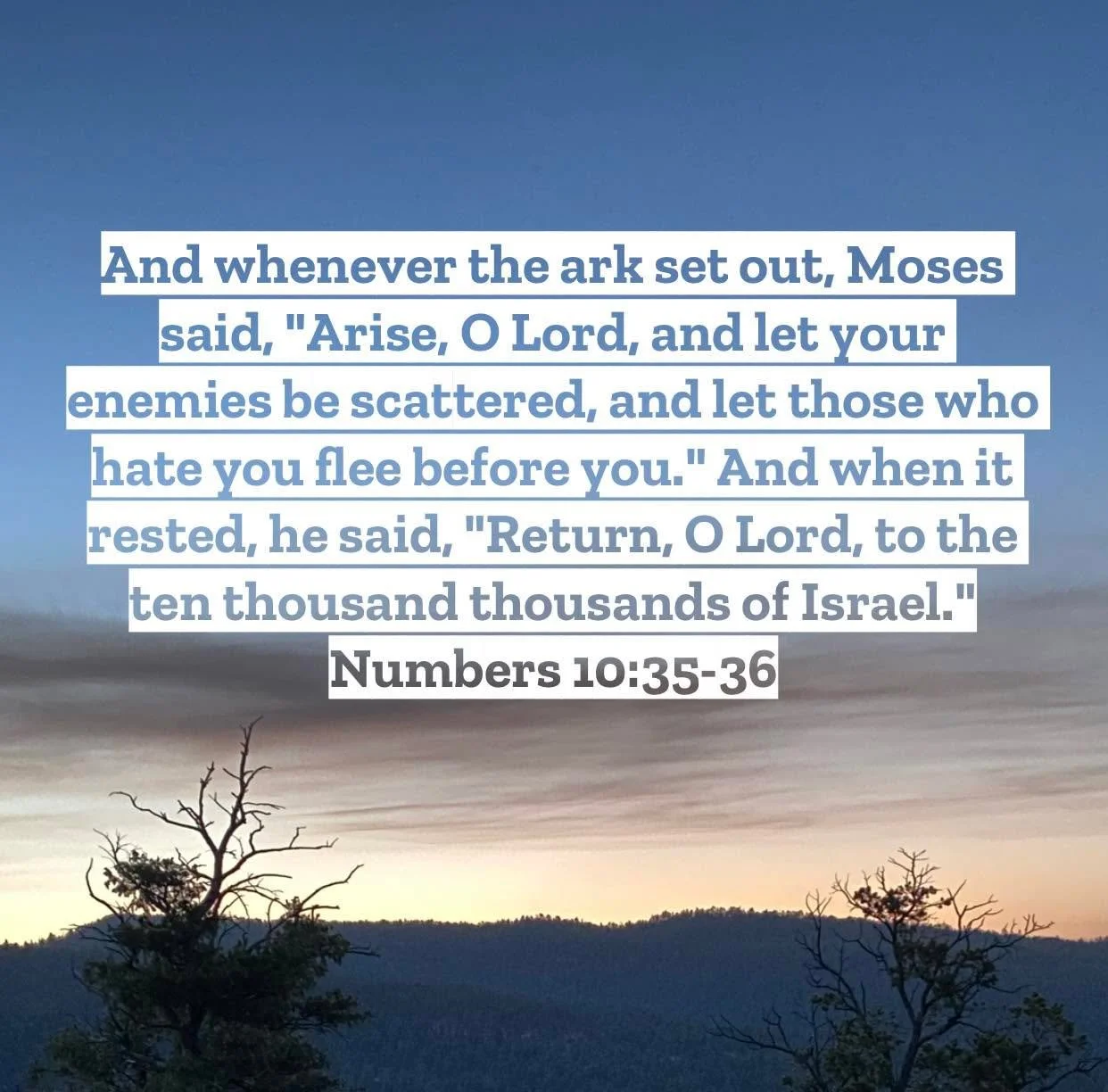 Numbers 10 &ndash; Pastor Mac Daily DEVO
 
And whenever the ark set out, Moses said, &ldquo;Arise, O Lord, and let your enemies be scattered, and let those who hate you flee before you.&rdquo; 36 And when it rested, he said, &ldquo;Return, O Lord, to