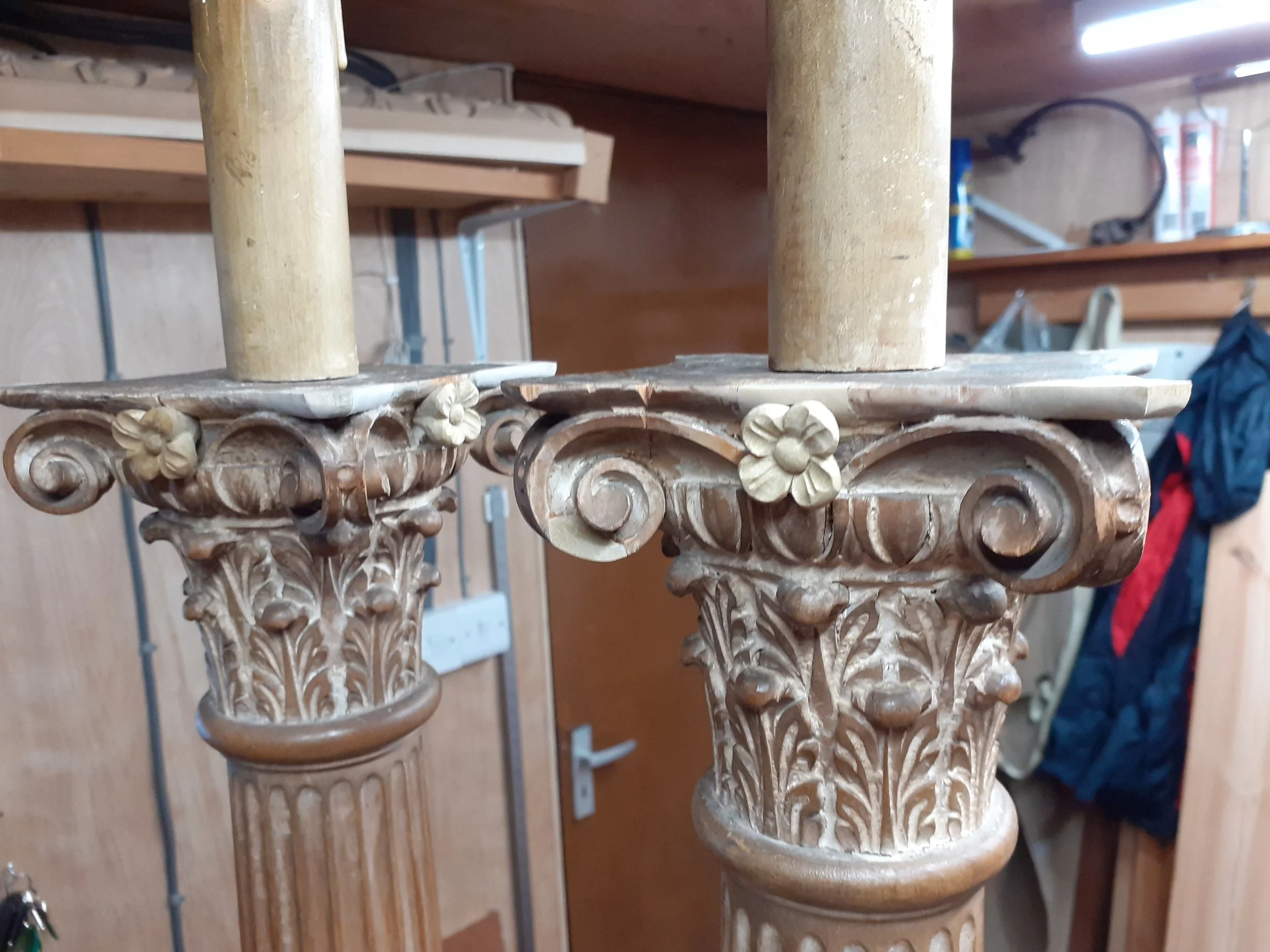 Replacement of flowers and reconstruction of all damaged corners to these antique lamp holders