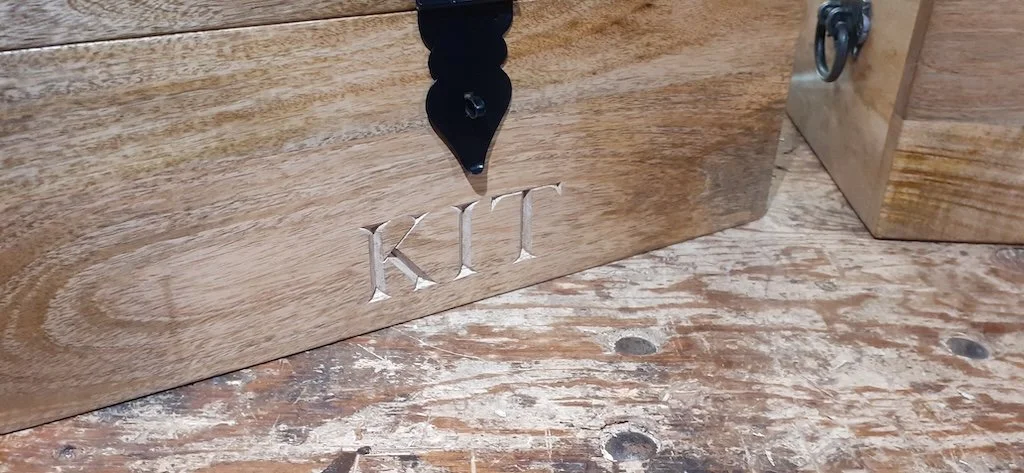 Children's personalised toy box carved with incised lettering