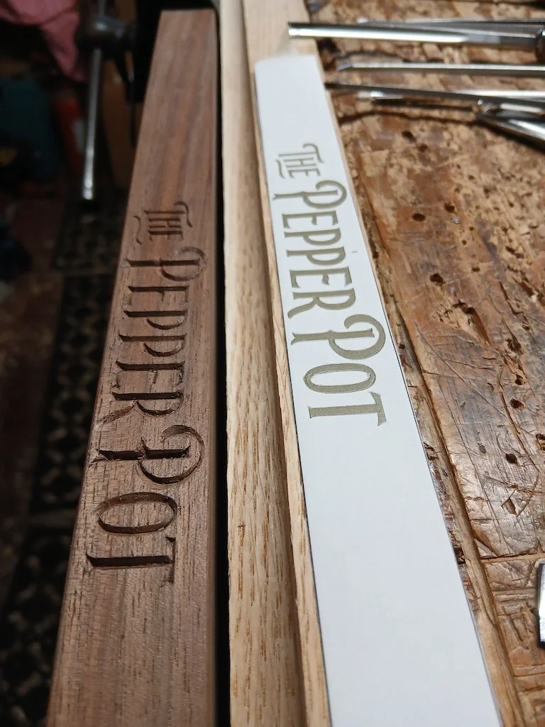 2.2cm incised lettering carved into a Mahjong board for Hunt & Hope