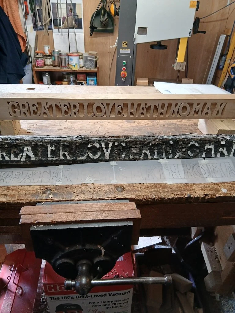 Lettering carved in relief for an Essex war memorial gate