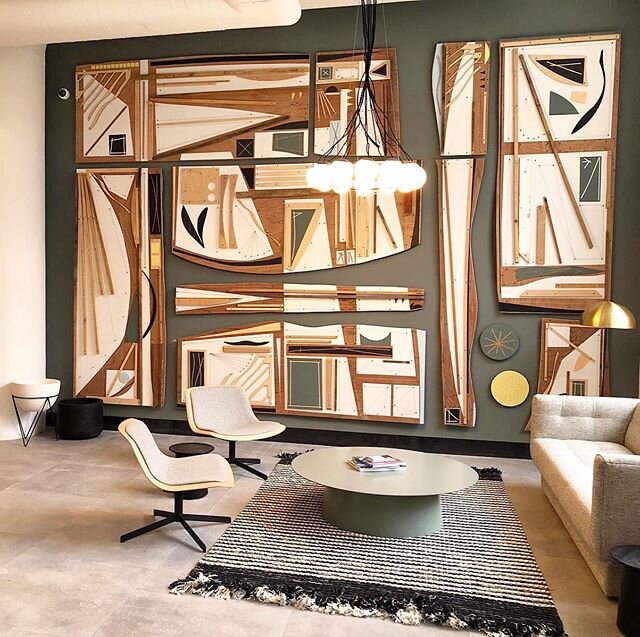 Large installation in the lobby at The Heid in Philadelphia .  This commission made possible by @sonderstays and @paradigmgs .  Special thanks to @nextfab_phl for all the materials :) Thank you !!! .
.
.  #bricolage #assemblage #assemblageart #collag